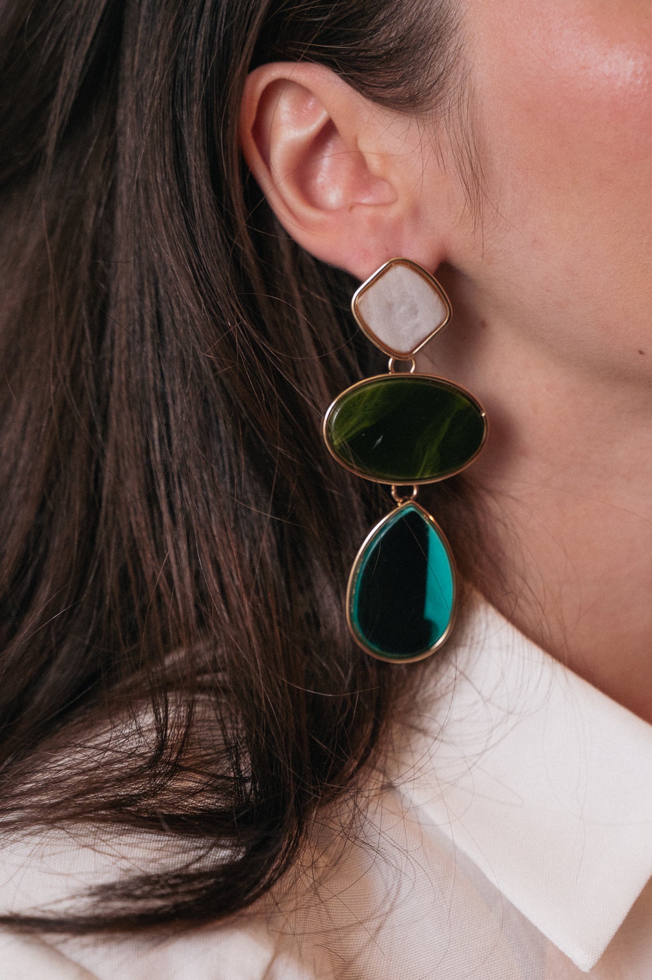 Orecchini Pendenti Donna in acciaio | Pietre Naturali Verde Smeraldo e Bianco | Gioielli a Cascata