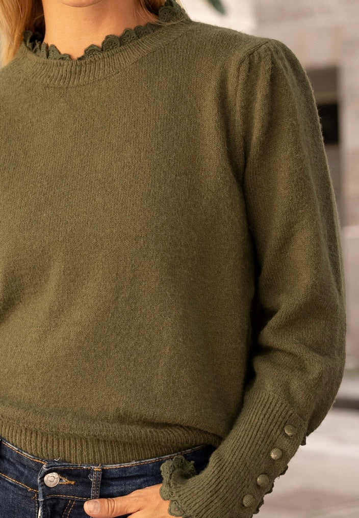 Maglia Donna verde Modello Camille | Collo e Polsi in Pizzo | Misto Lana Morbido