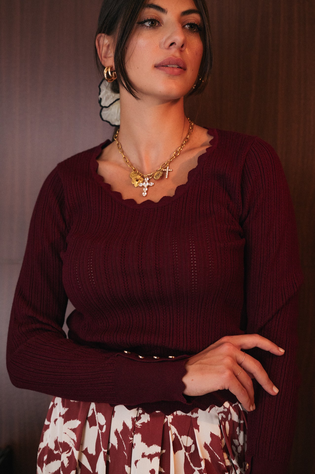 Maglia Sara a costine color bordeaux