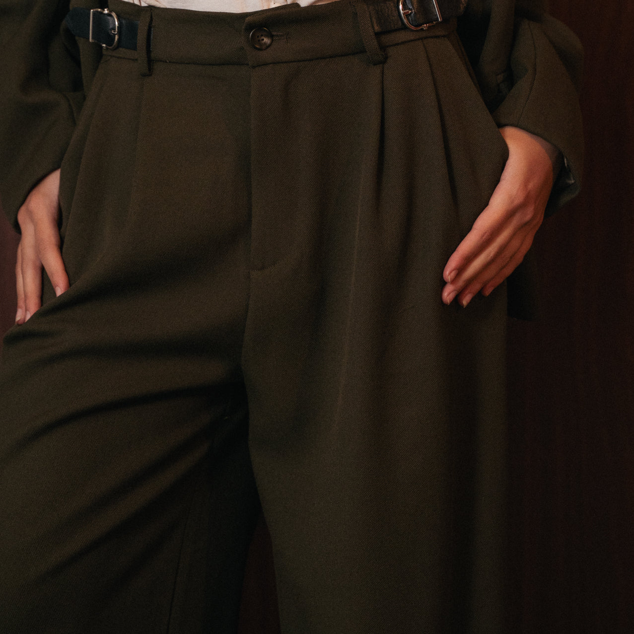 Pantapalazzo Vita Alta Donna Verde Oliva | Gamba Larga Elegante | Tailleur Coordinato