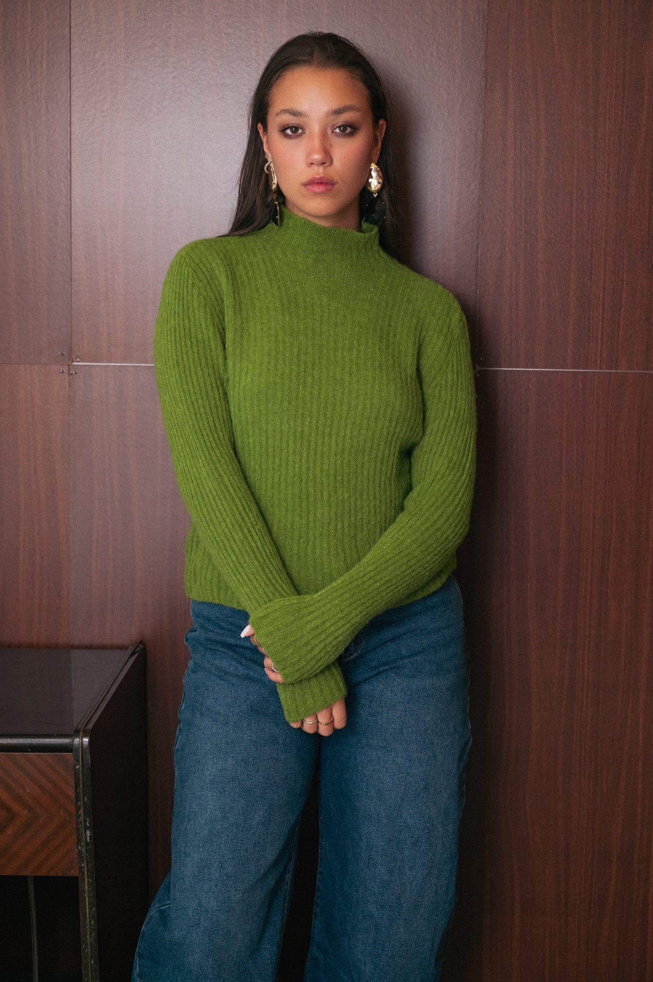 Maglione Collo a Vulcano in Lana e Baby Alpaca verde