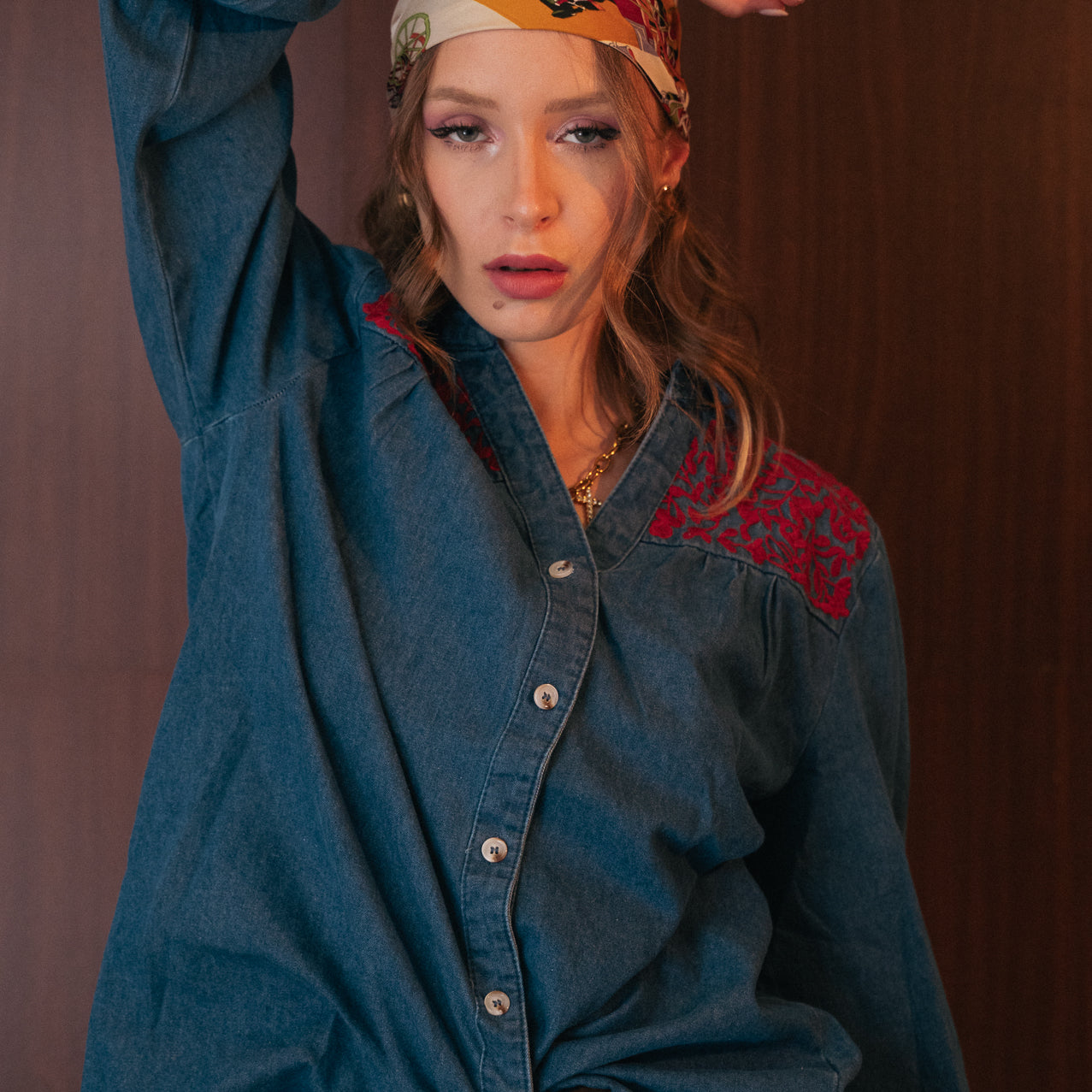 Camicia in Jeans con Ricami Floreali Rossi