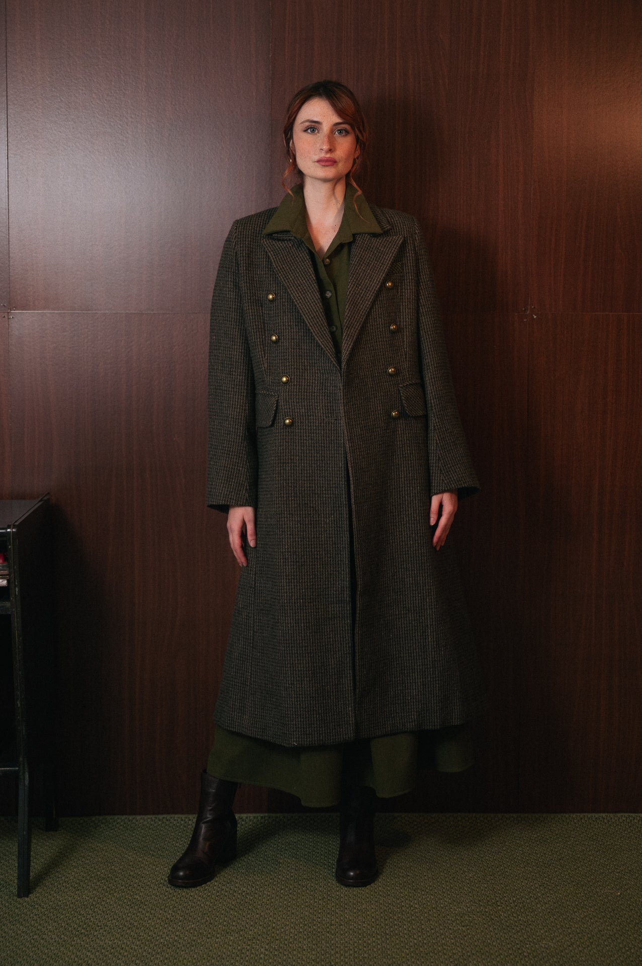 Cappotto Lungo Donna Fantasia Harris tweed color oliva