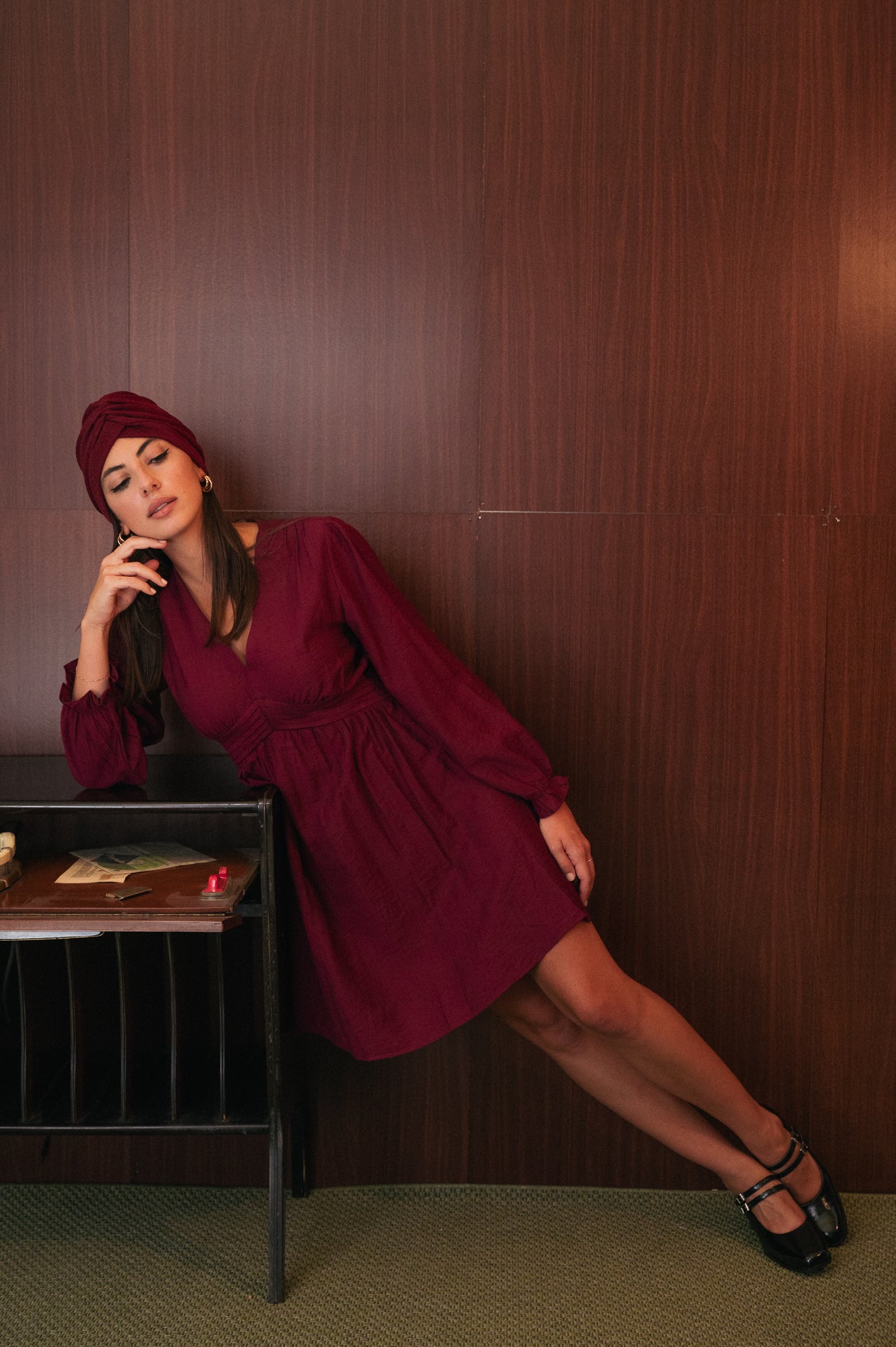 Abito Corto Bordeaux | Vestito Scollo a V Maniche Lunghe