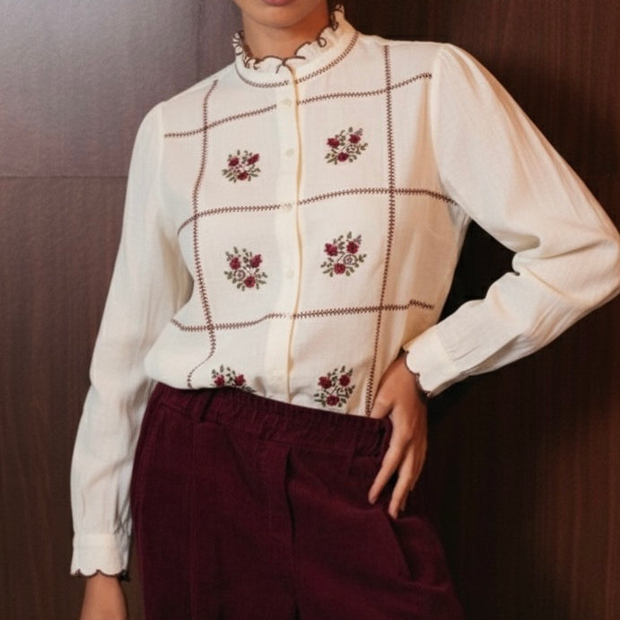 Camicia Donna Ricamata 100% Cotone | Dettaglio Colletto a Ricamo | Stile Romantico Elegante