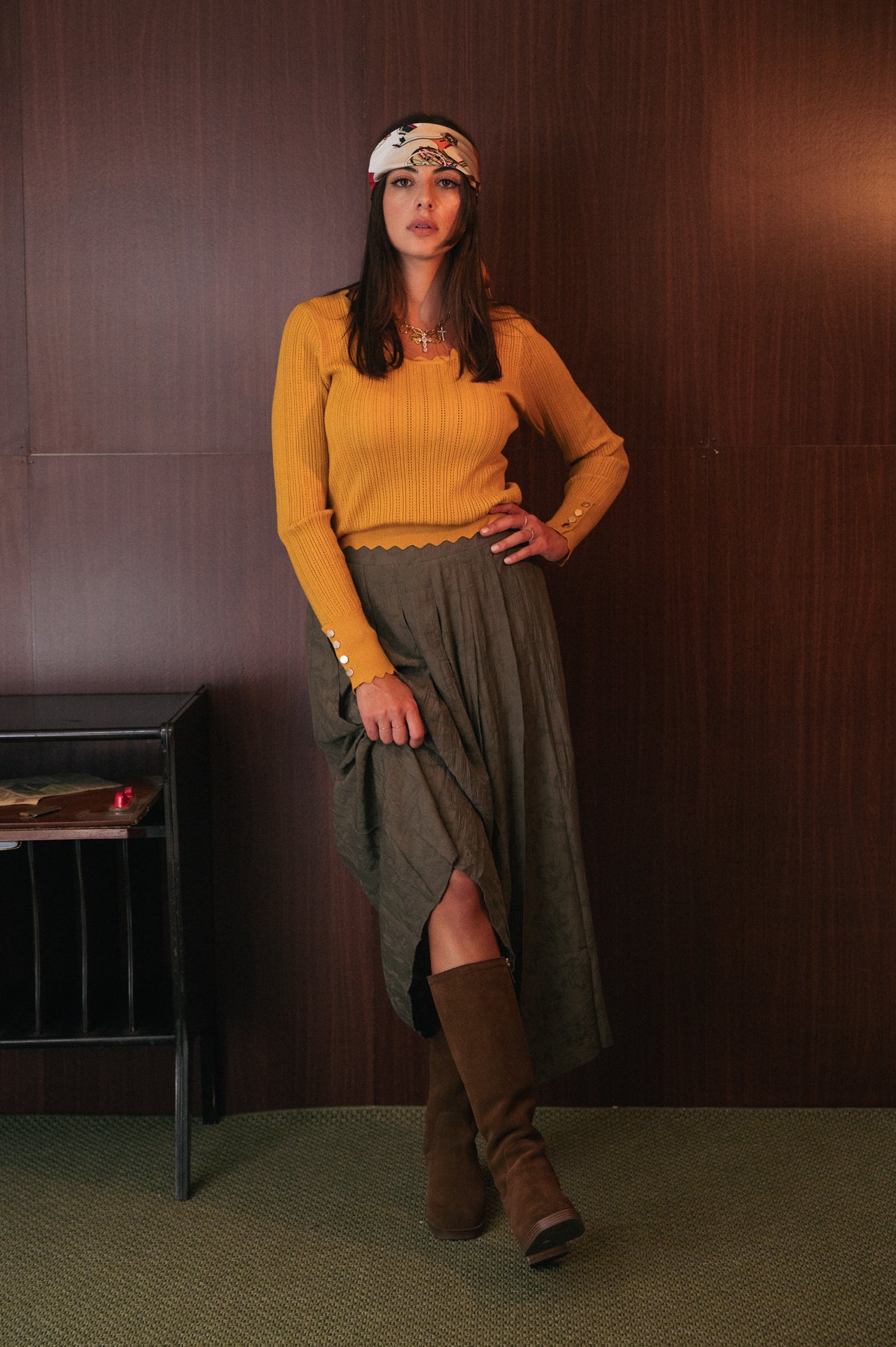 Gonna Midi Plissé Verde Oliva con Spacco Laterale