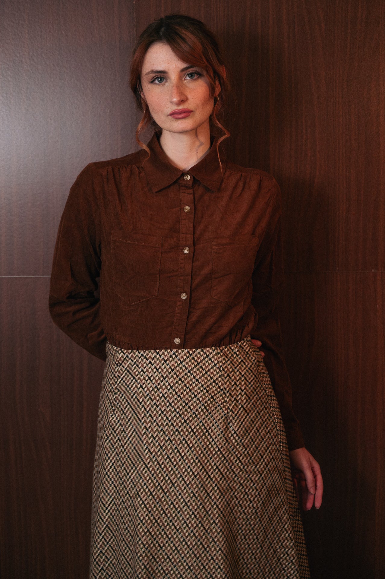 Gonna Midi Donna Pied de Poule Beige | Vita Alta Svasata