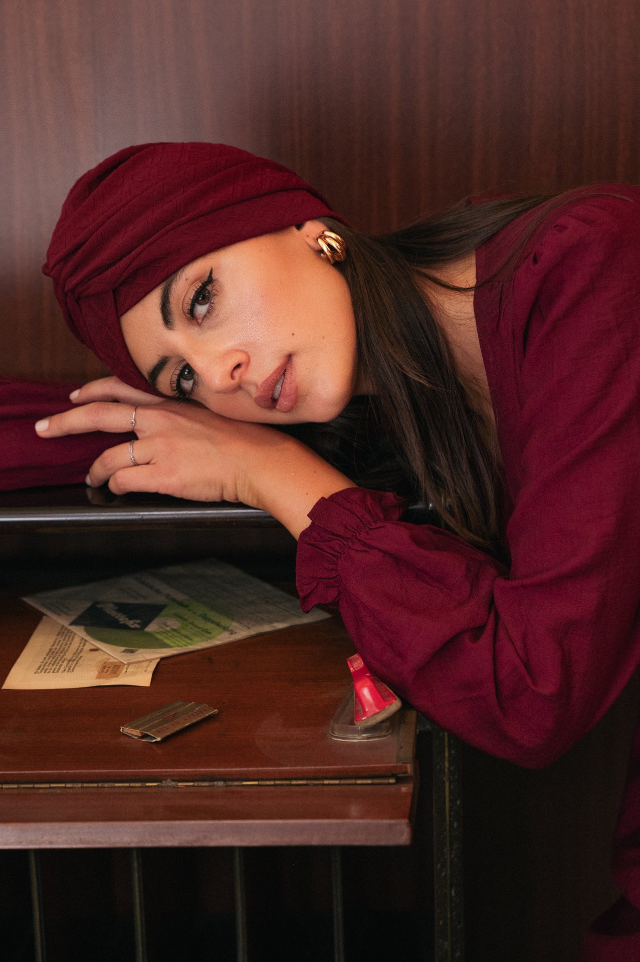 Abito Corto Bordeaux | Vestito Scollo a V Maniche Lunghe