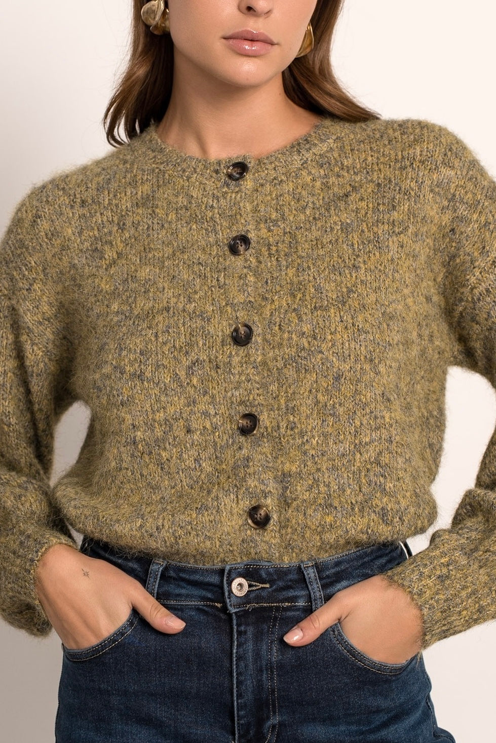 Cardigan Donna in Lana | Verde Mélange Bottoni