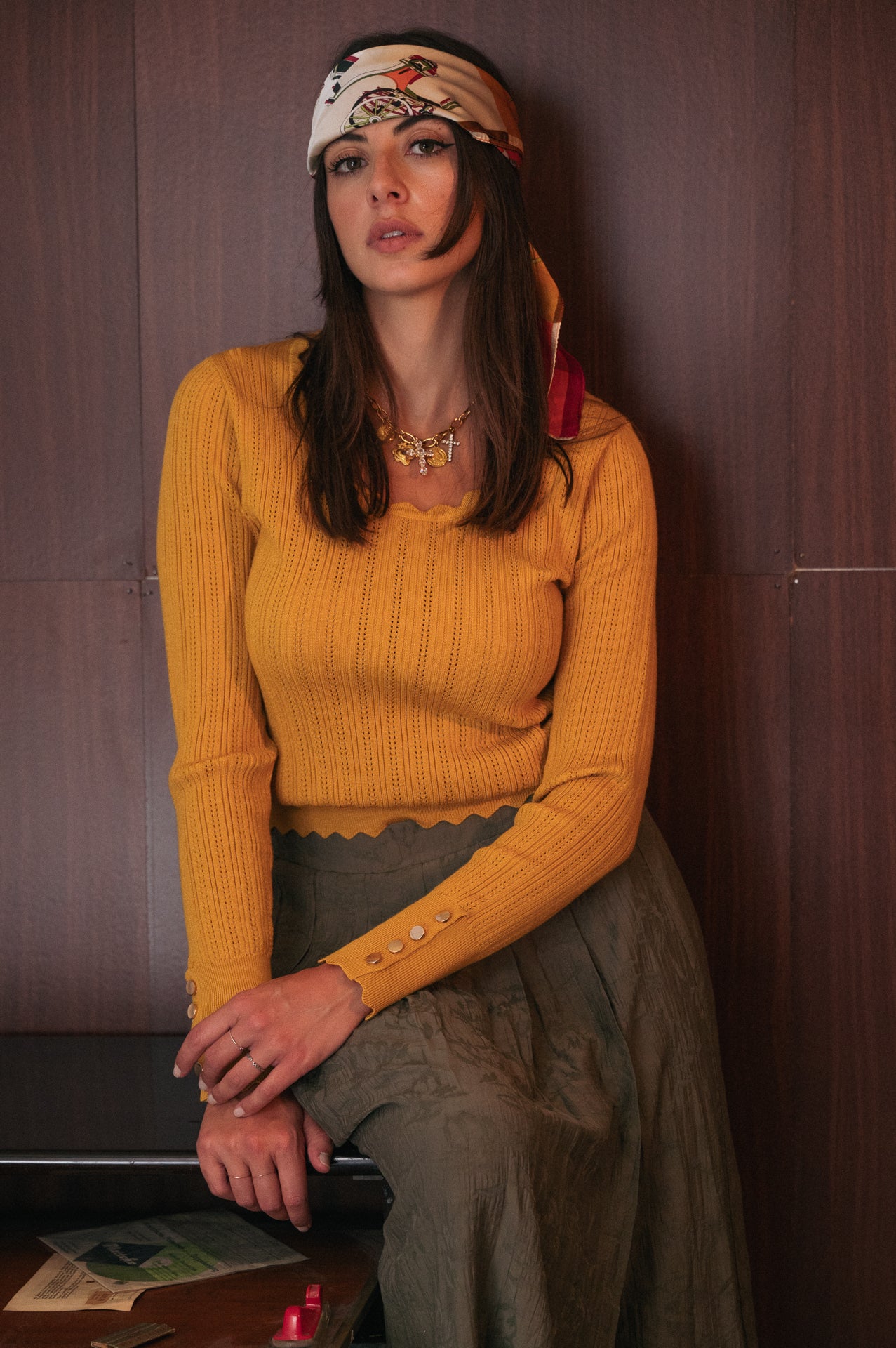 Gonna Midi Plissé Verde Oliva con Spacco Laterale