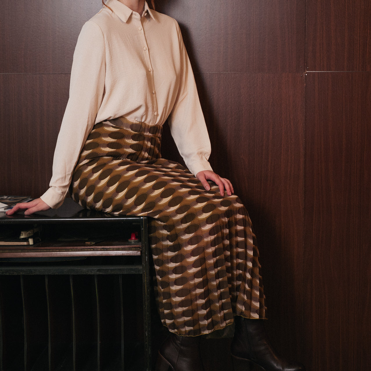 Gonna Midi Plissé Fantasia Geometrica | Vita Elastica | Verde Marrone