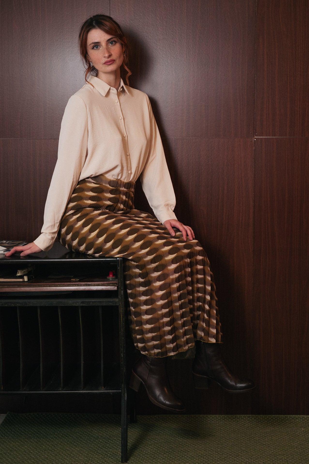 Gonna Midi Plissé Fantasia Geometrica | Vita Elastica | Verde Marrone