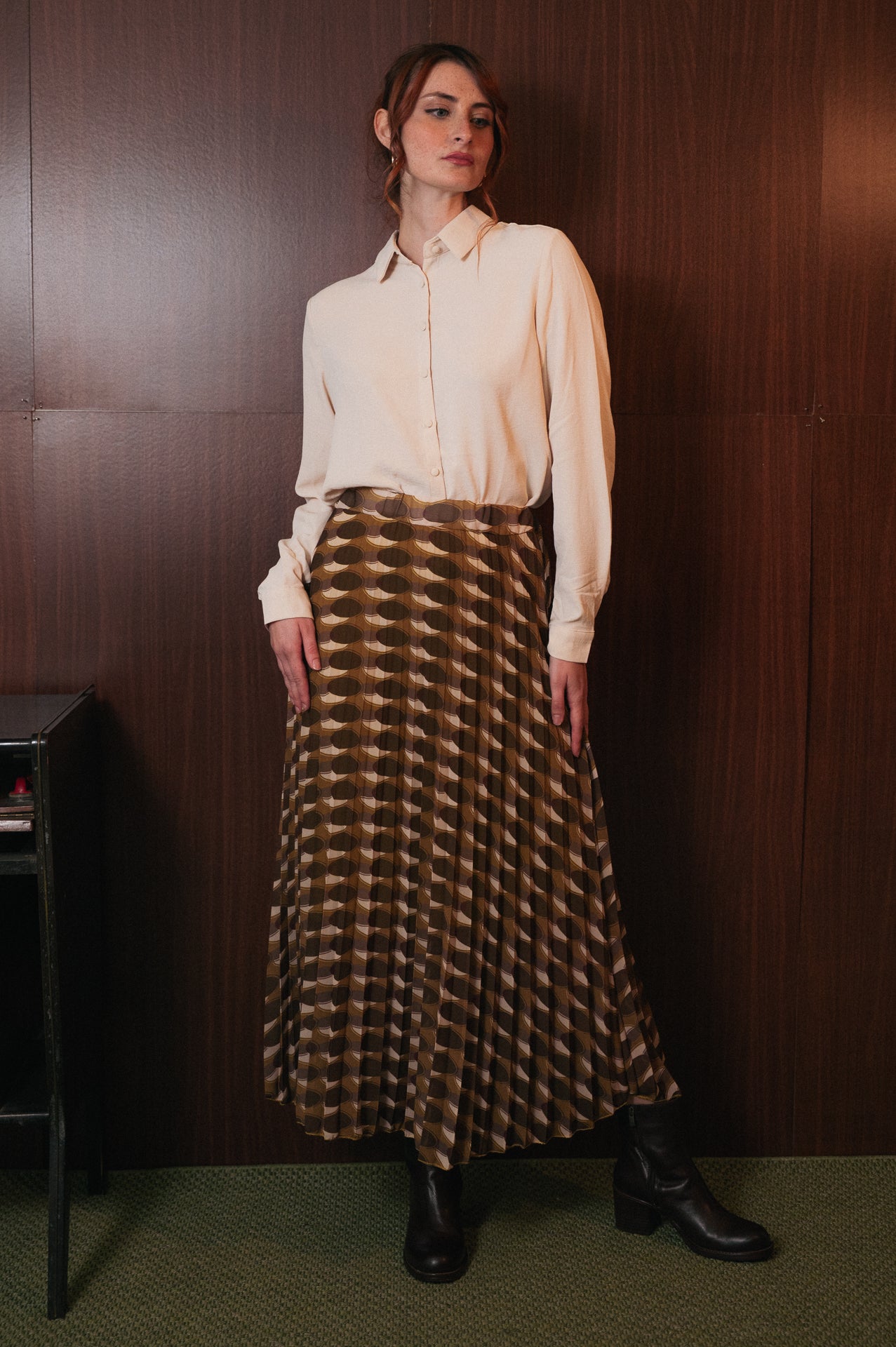 Gonna Midi Plissé Fantasia Geometrica | Vita Elastica | Verde Marrone