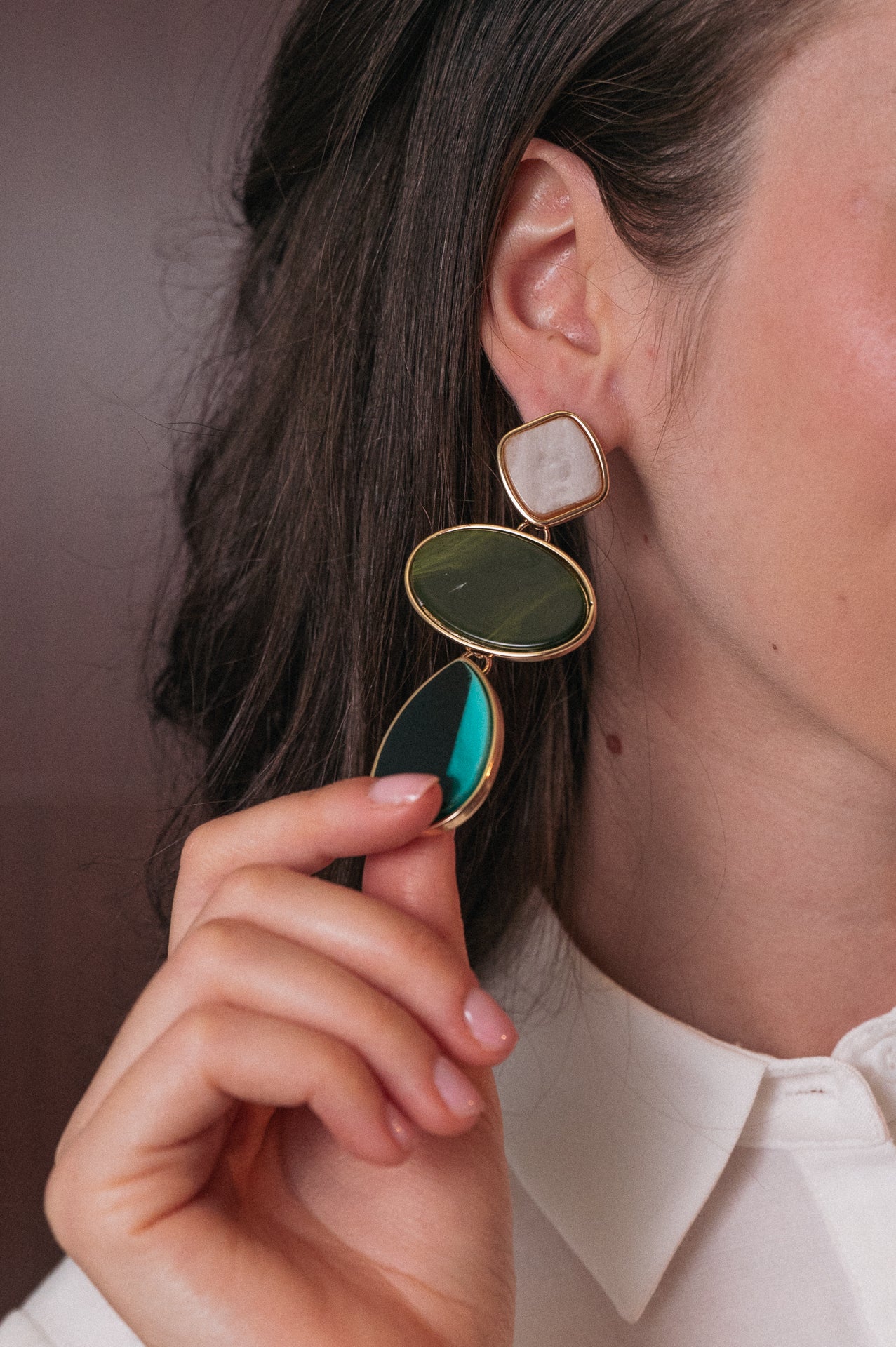 Orecchini Pendenti Donna in acciaio | Pietre Naturali Verde Smeraldo e Bianco | Gioielli a Cascata