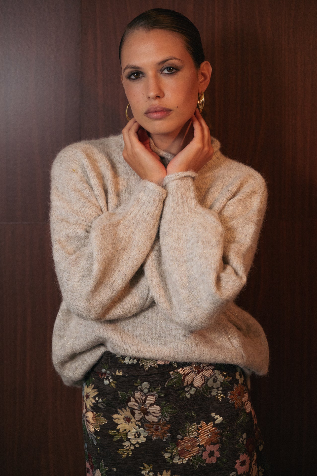 Maglione Donna Tortora in Lurex | Collo Alto Morbido | Misto Lana Brillante