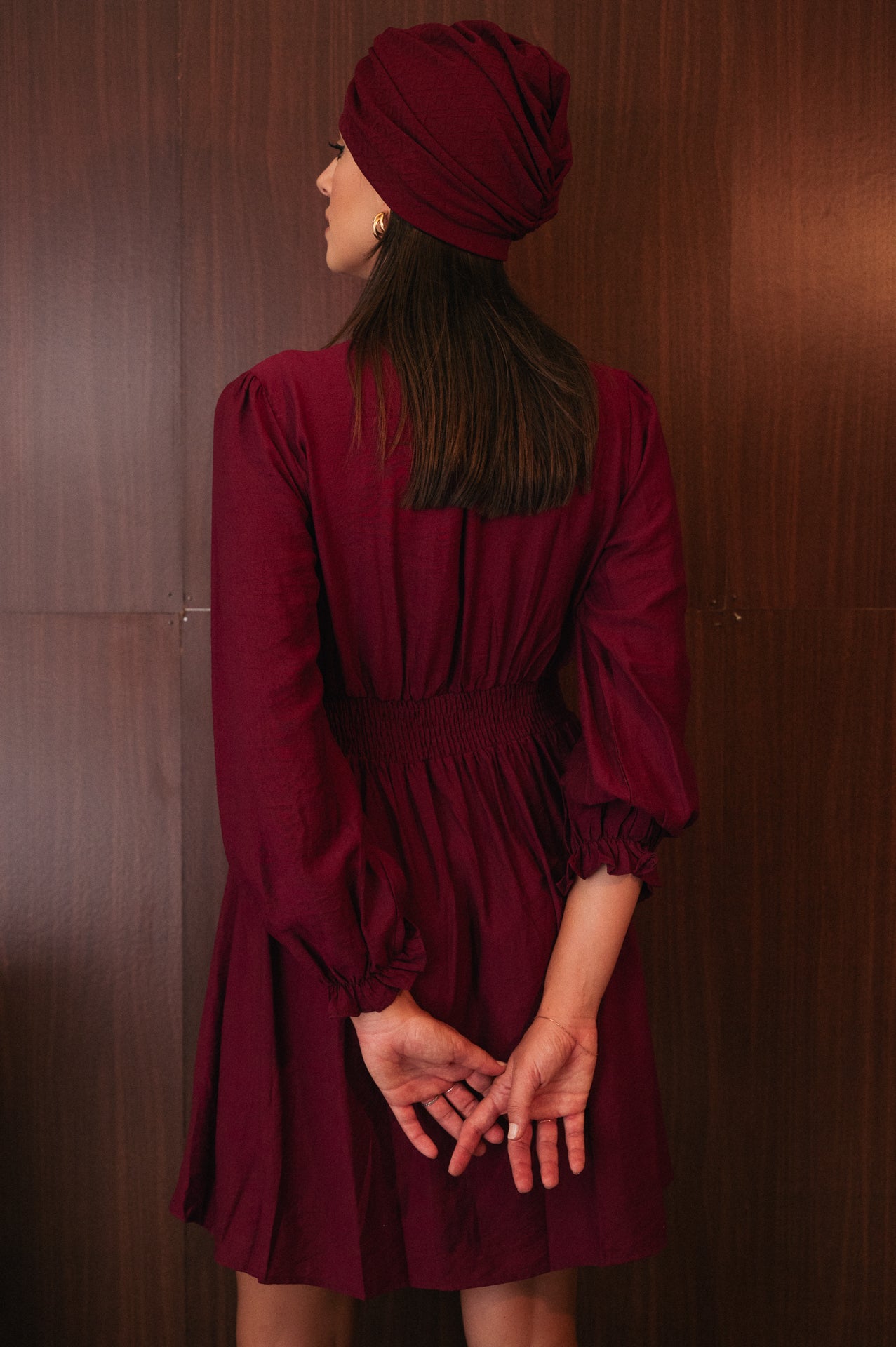 Abito Corto Bordeaux | Vestito Scollo a V Maniche Lunghe