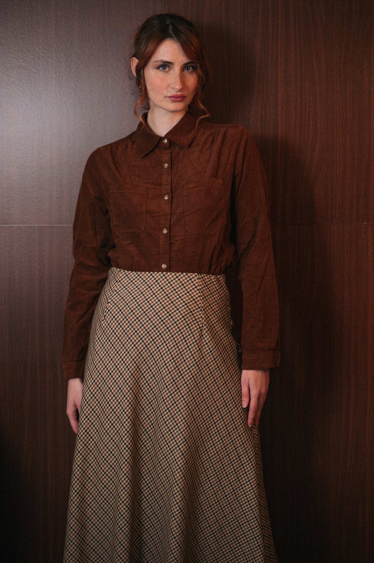 Gonna Midi Donna Pied de Poule Beige | Vita Alta Svasata