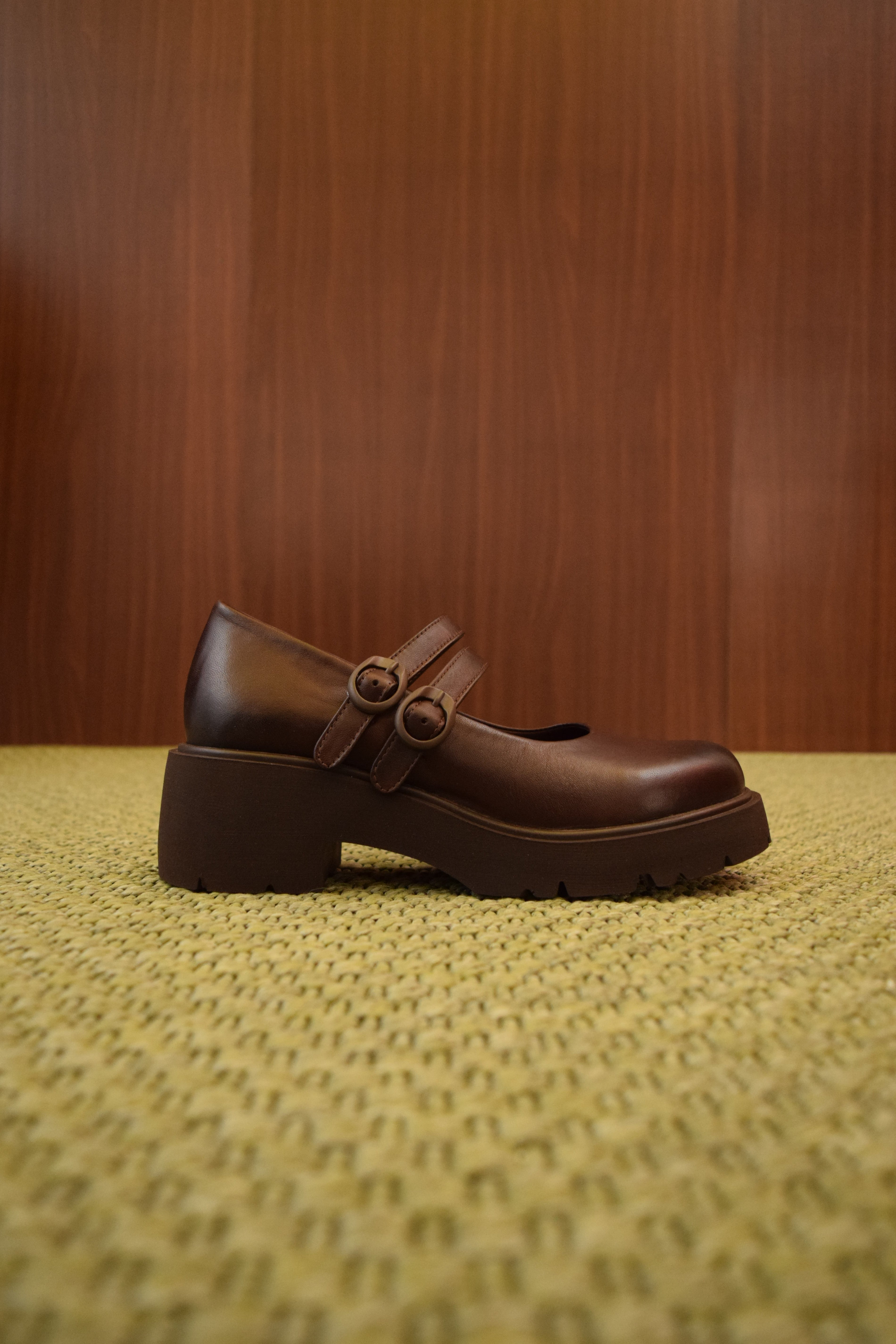 Scarpe Mary Jane Platform marroni Donna in Pelle | Doppio Cinturino | Suola Carrarmato Bassa