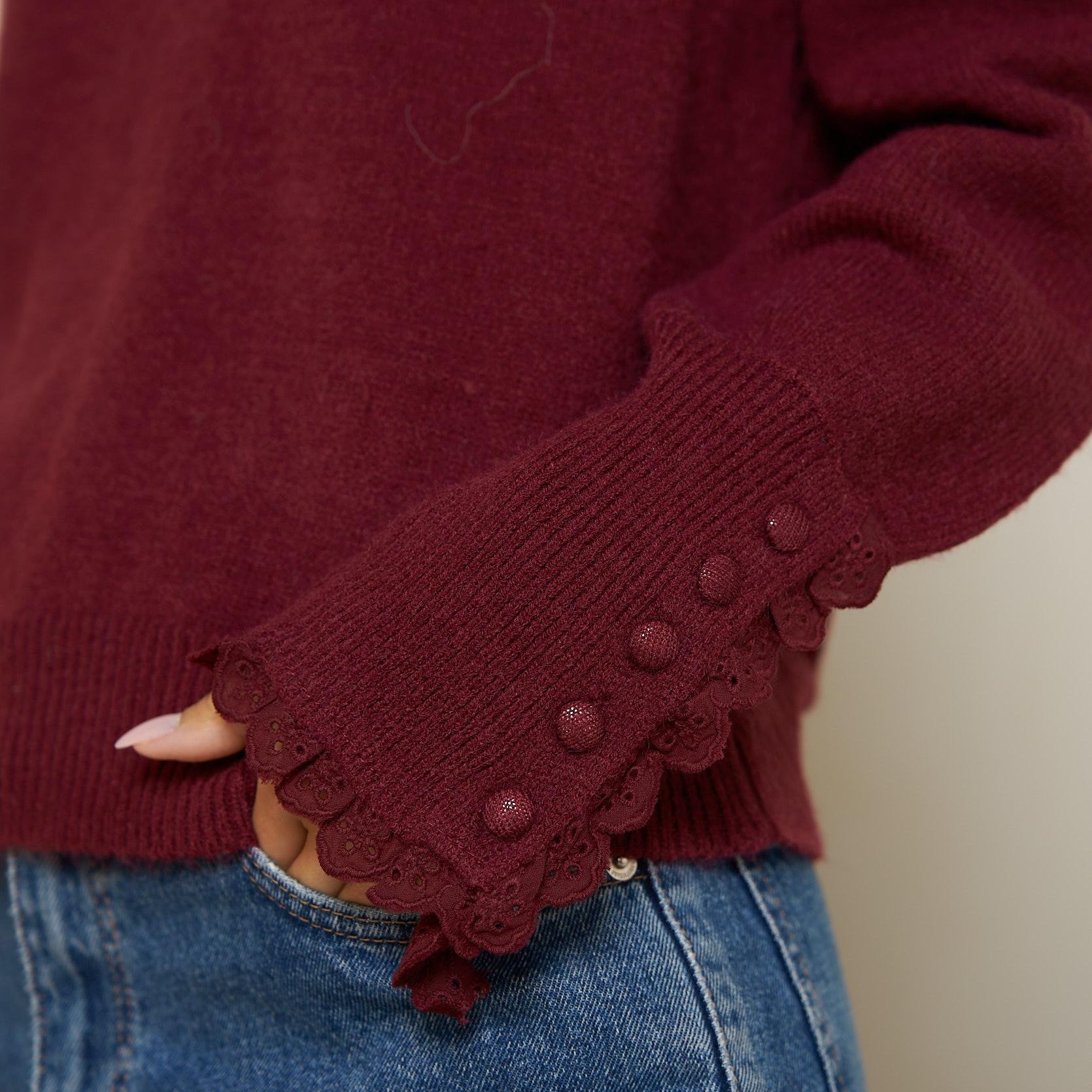 Maglia Donna bordeaux Modello Camille | Collo e Polsi in Pizzo | Misto Lana Morbido
