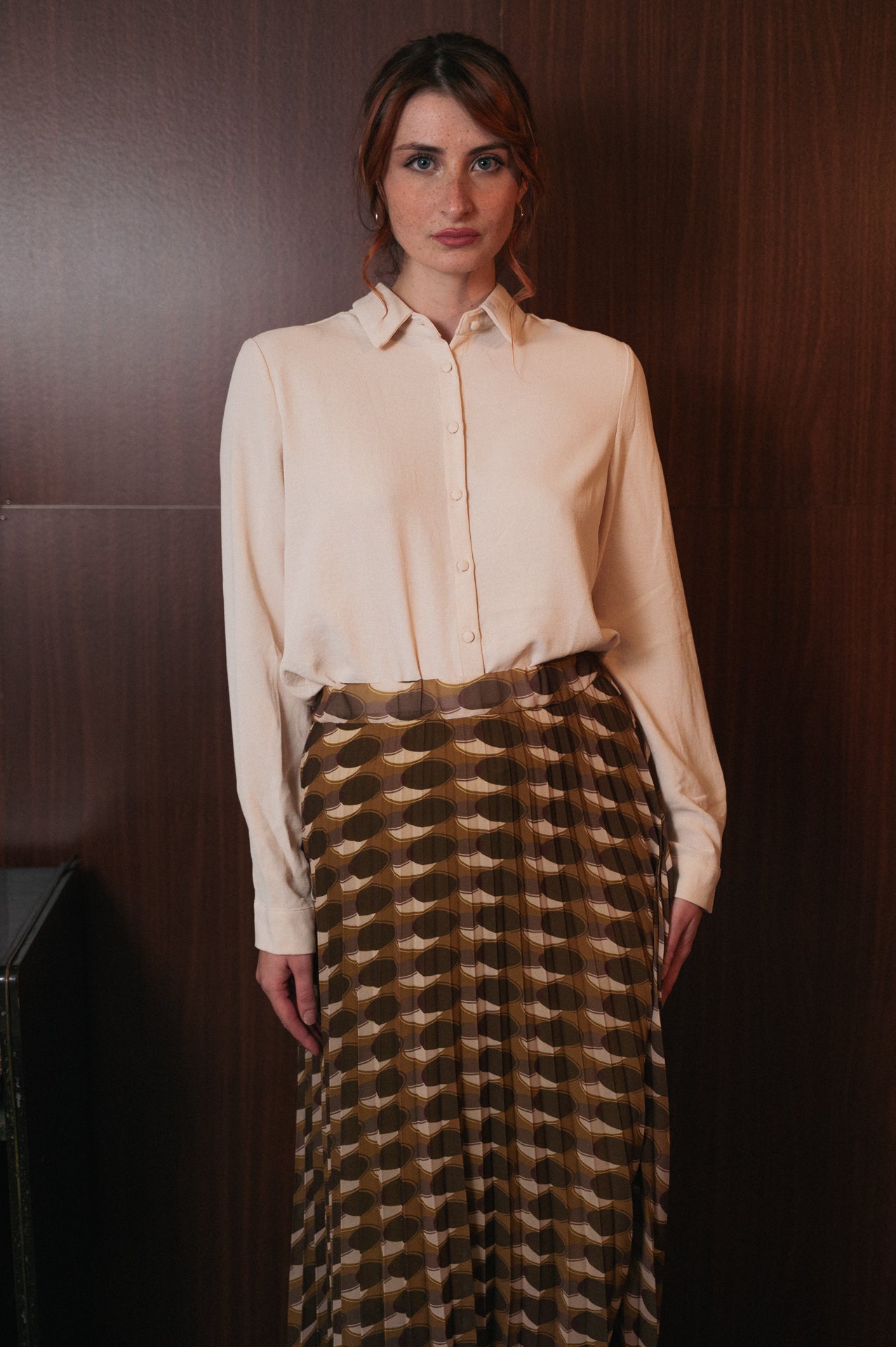 Gonna Midi Plissé Fantasia Geometrica | Vita Elastica | Verde Marrone