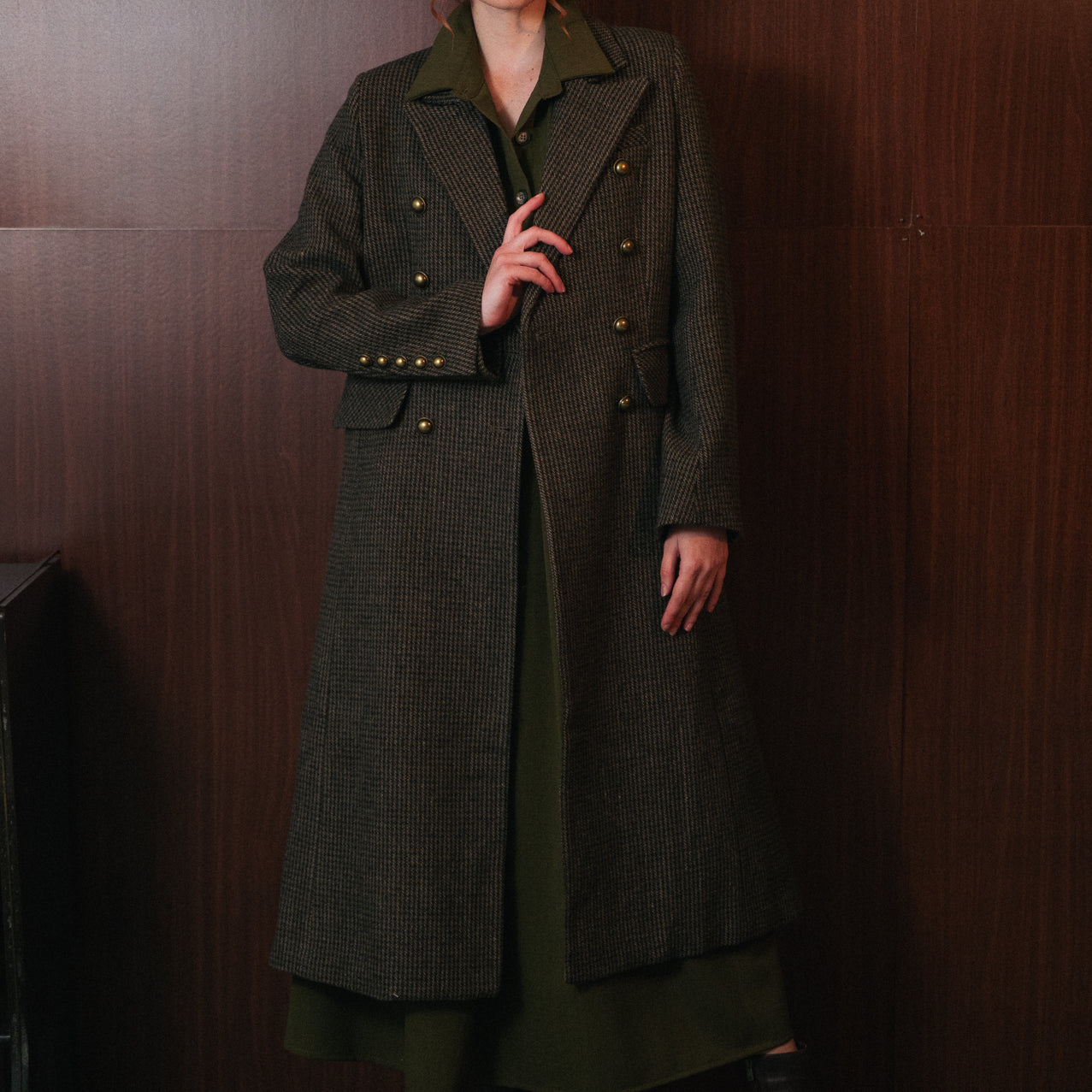 Cappotto Lungo Donna Fantasia Harris tweed color oliva