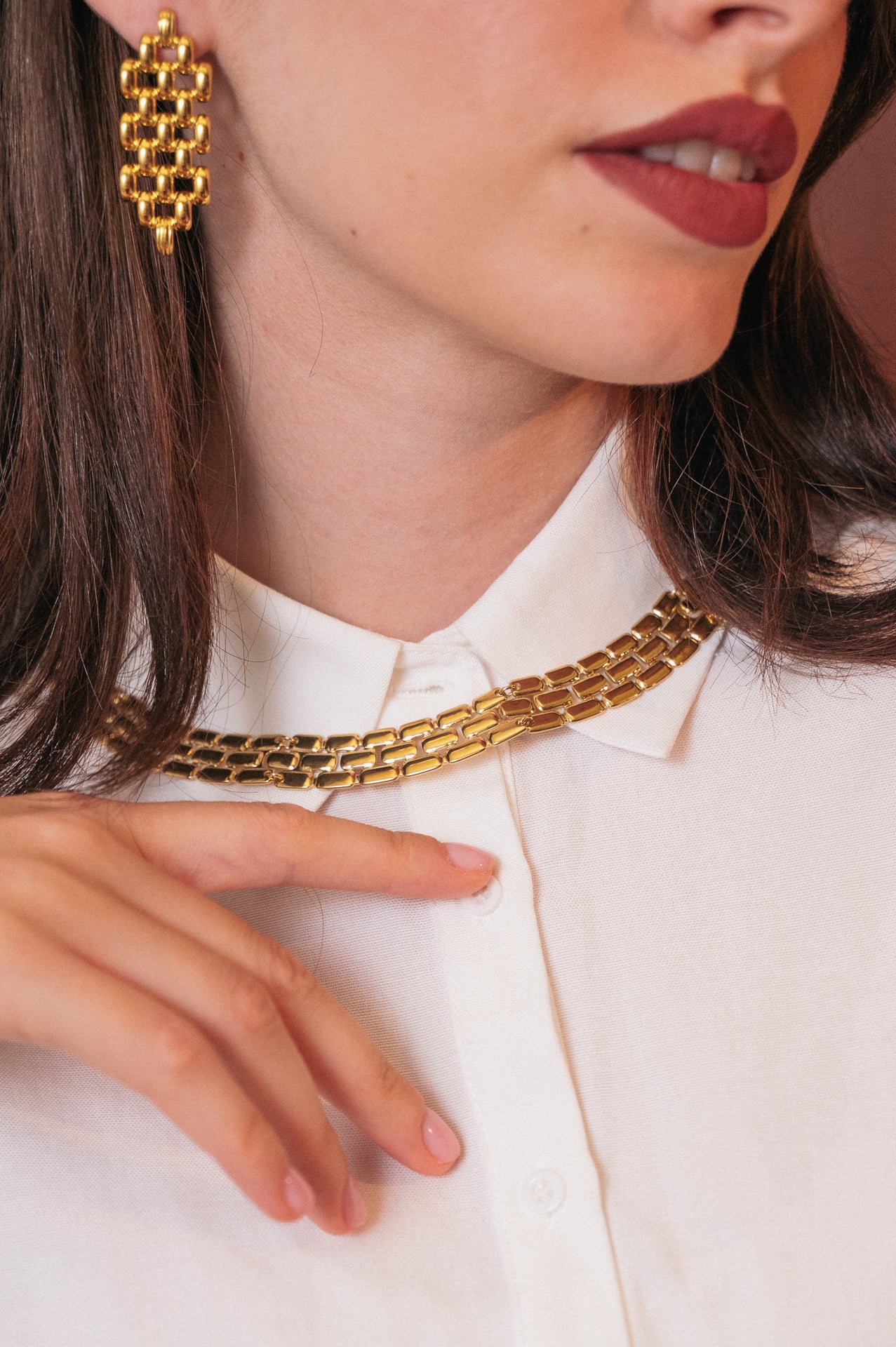 Set Gioielli a Maglia Grossetta Oro - Collana, Bracciale e Orecchini in Acciaio