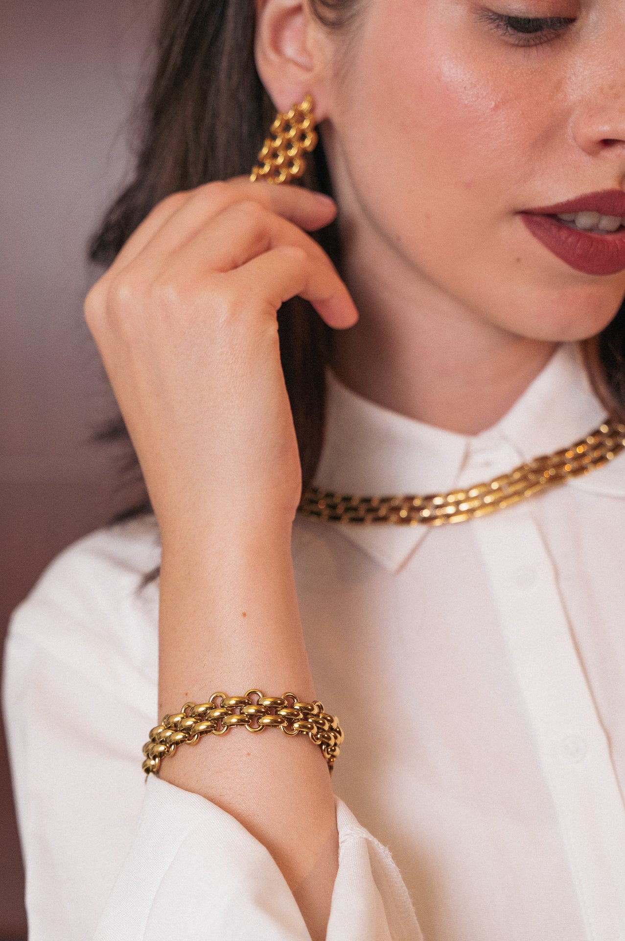 Set Gioielli a Maglia Grossetta Oro - Collana, Bracciale e Orecchini in Acciaio