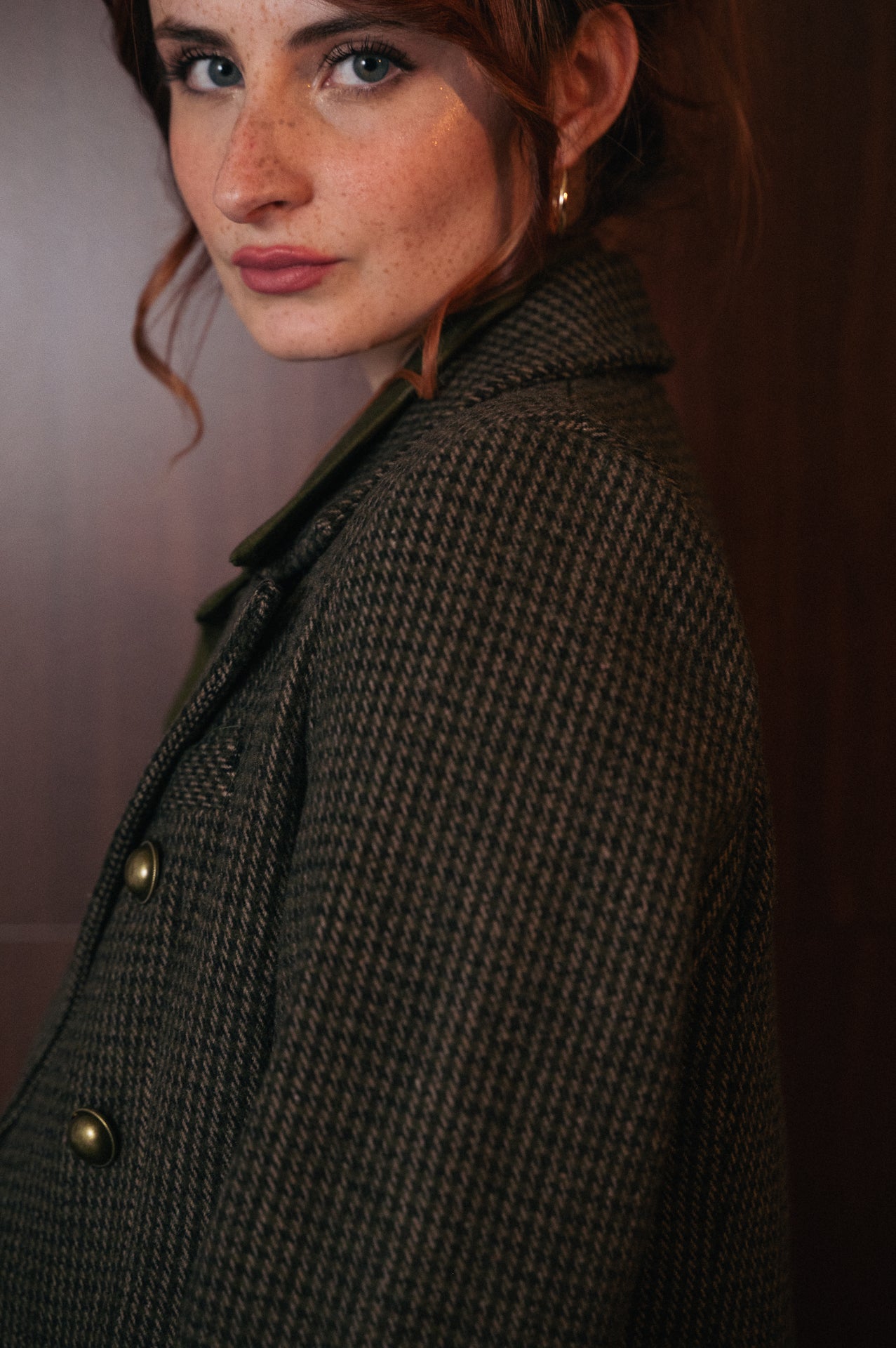 Cappotto Lungo Donna Fantasia Harris tweed color oliva