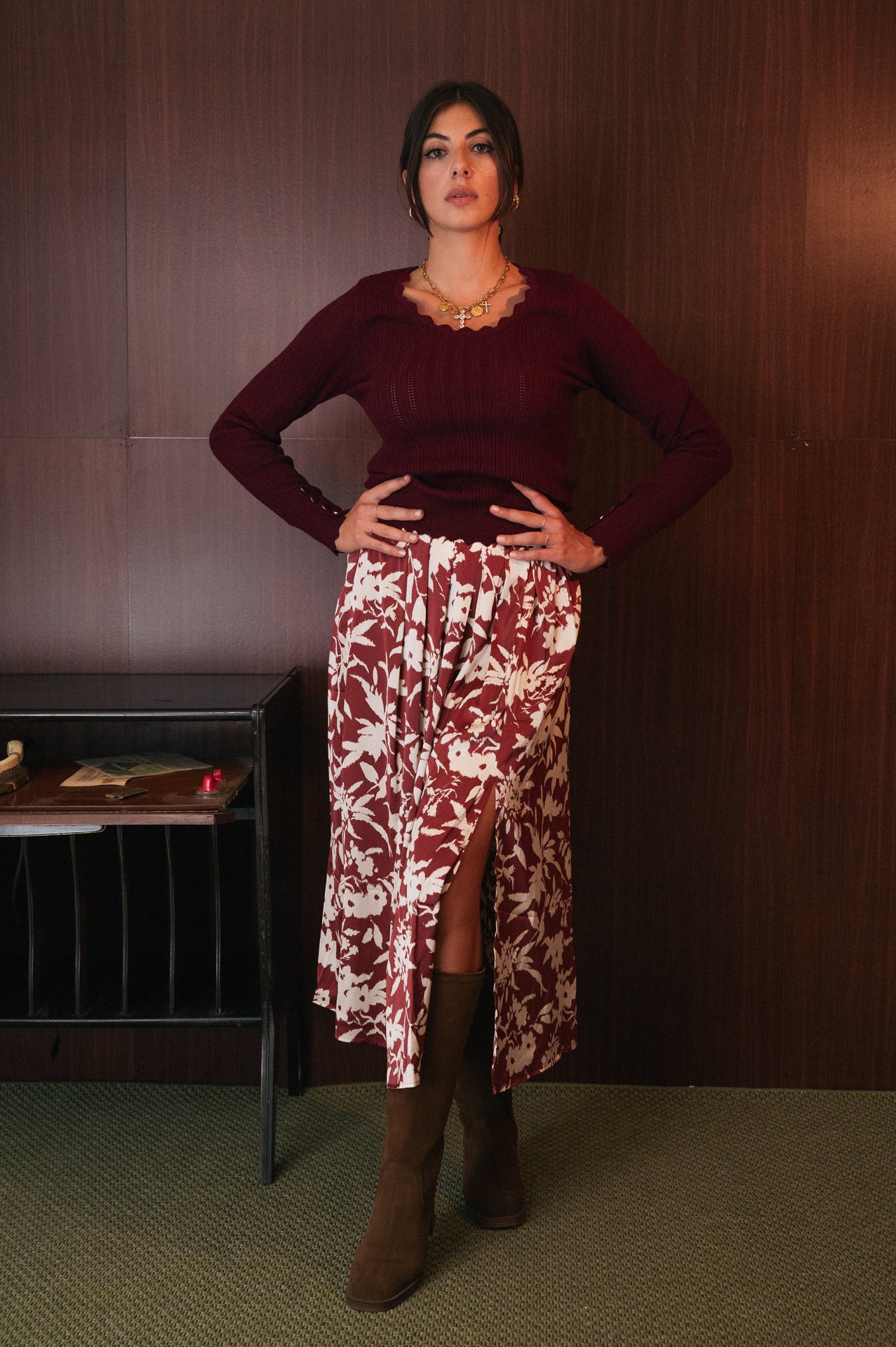 Gonna Midi Floreale Effetto Seta con Spacco