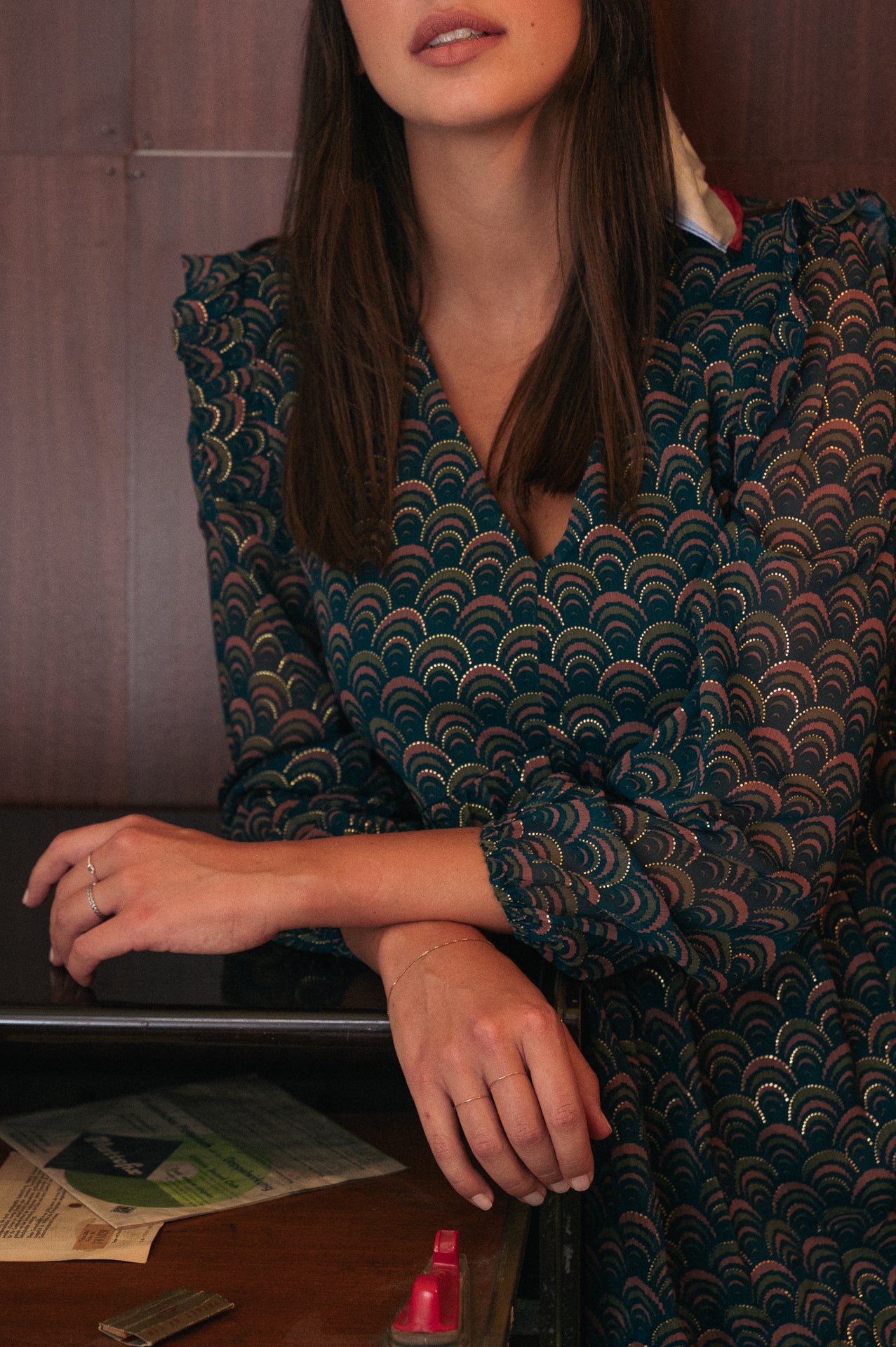 Abito corto color petrolio a fantasia