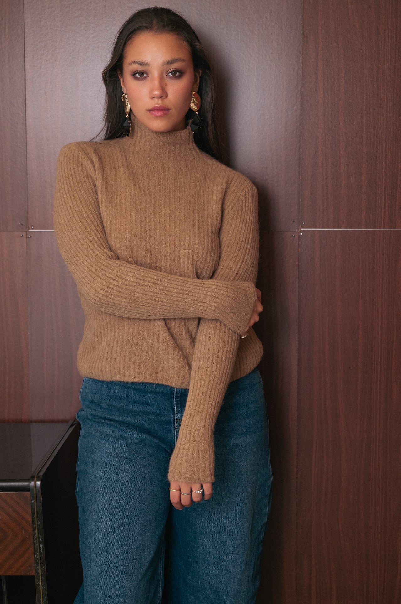 Maglione Collo Alto Donna Lana e Baby Alpaca Blend | Maglia a Coste Color Cammello