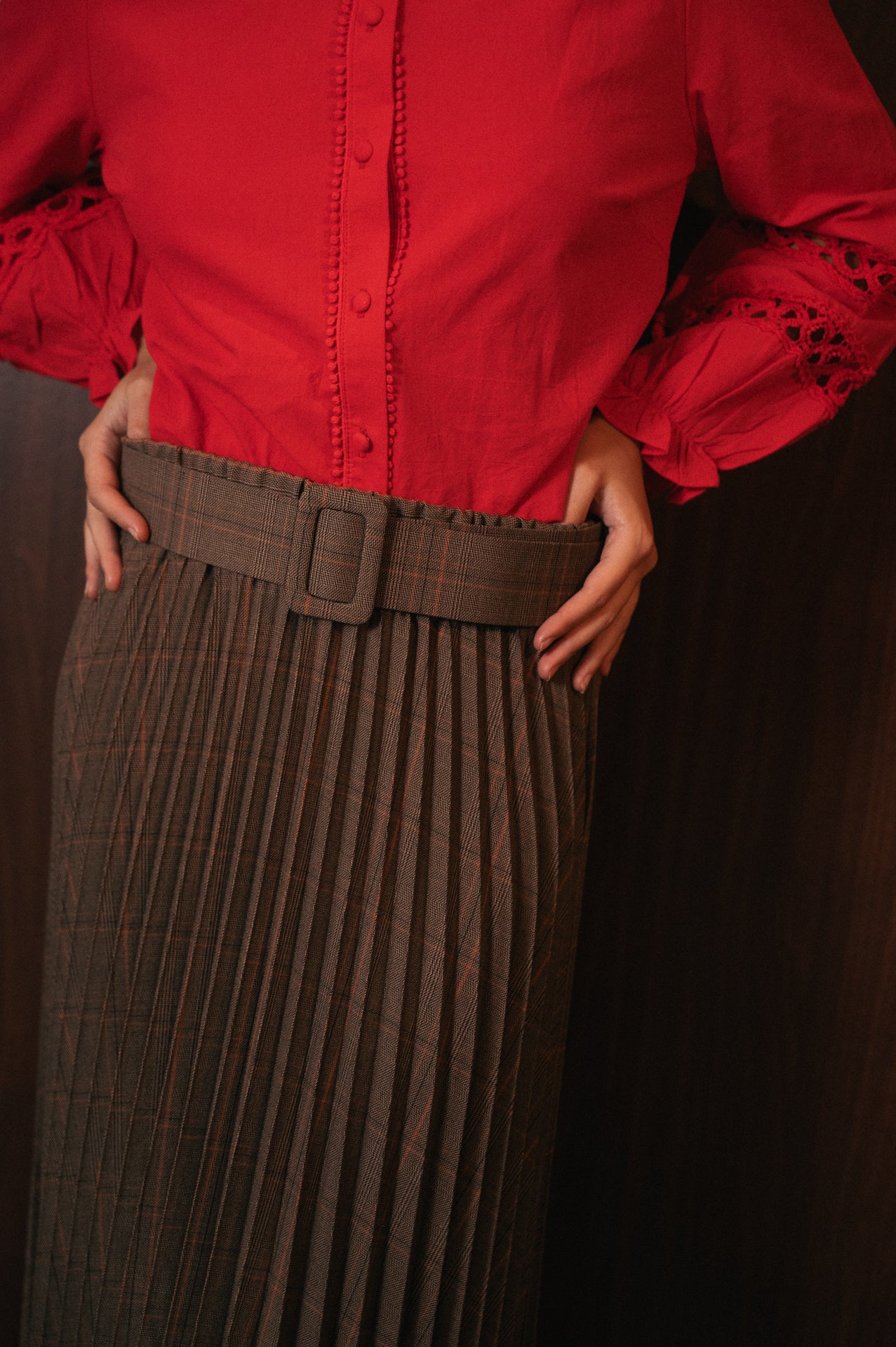 Gonna Midi Plissé Principe di Galles | Vita Elastica e Cintura Inclusa | Fantasia Classica