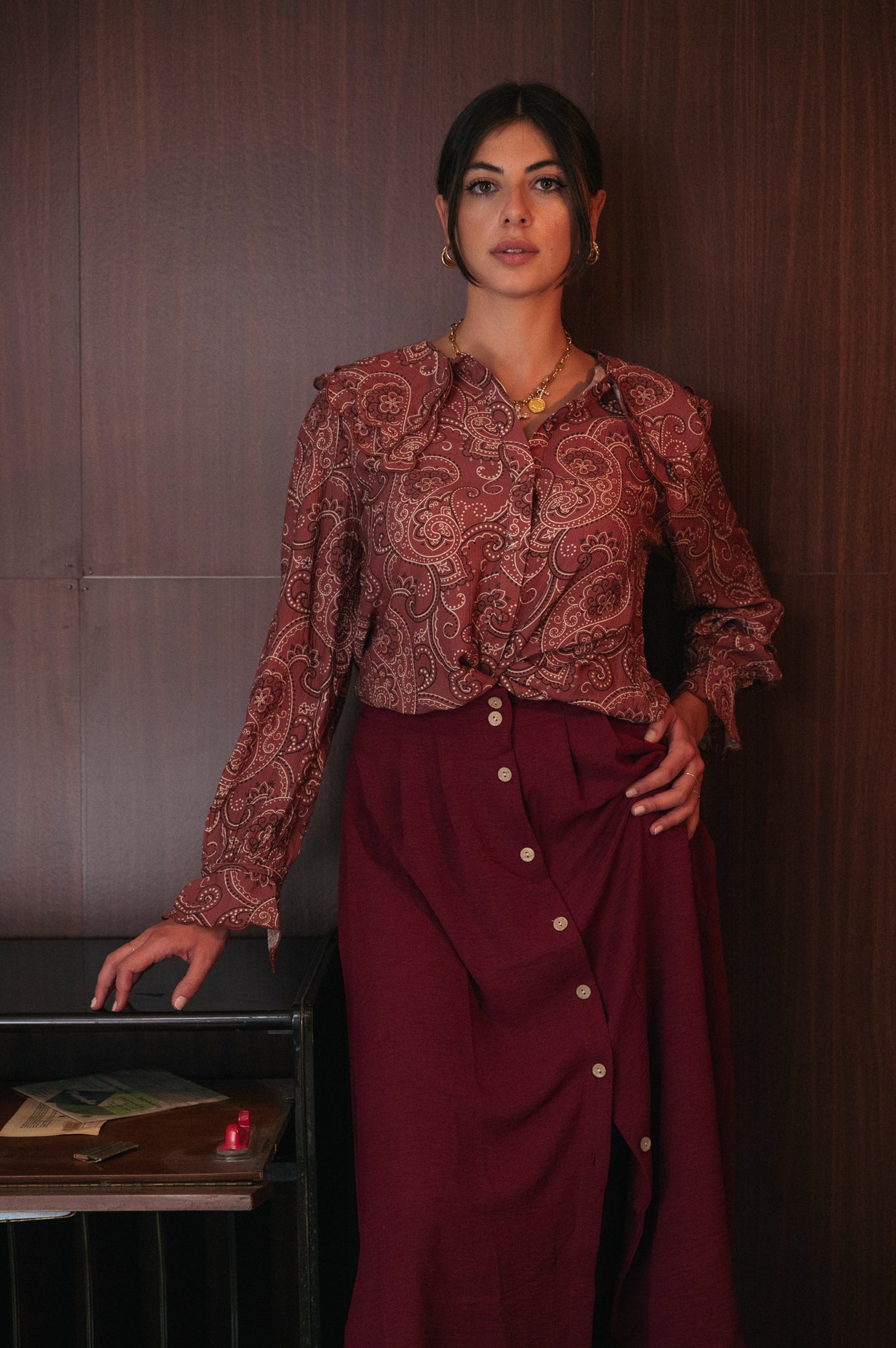 Gonna Midi Bordeaux con Bottoni verticali