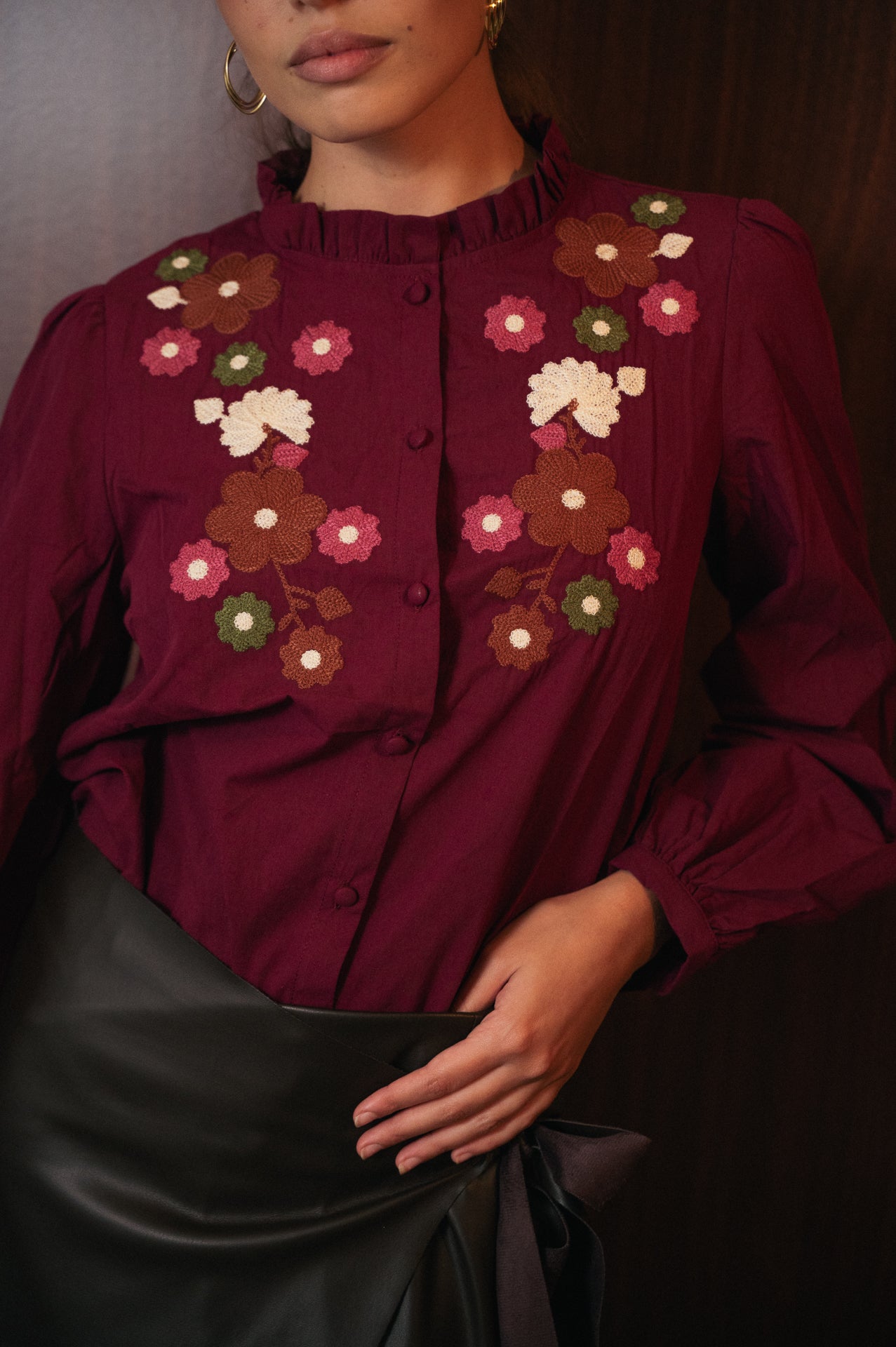 Camicia borgogna a fiori Ricamati in Cotone