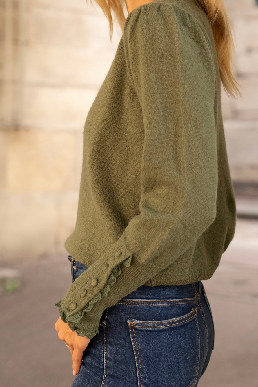 Maglia Donna verde Modello Camille | Collo e Polsi in Pizzo | Misto Lana Morbido