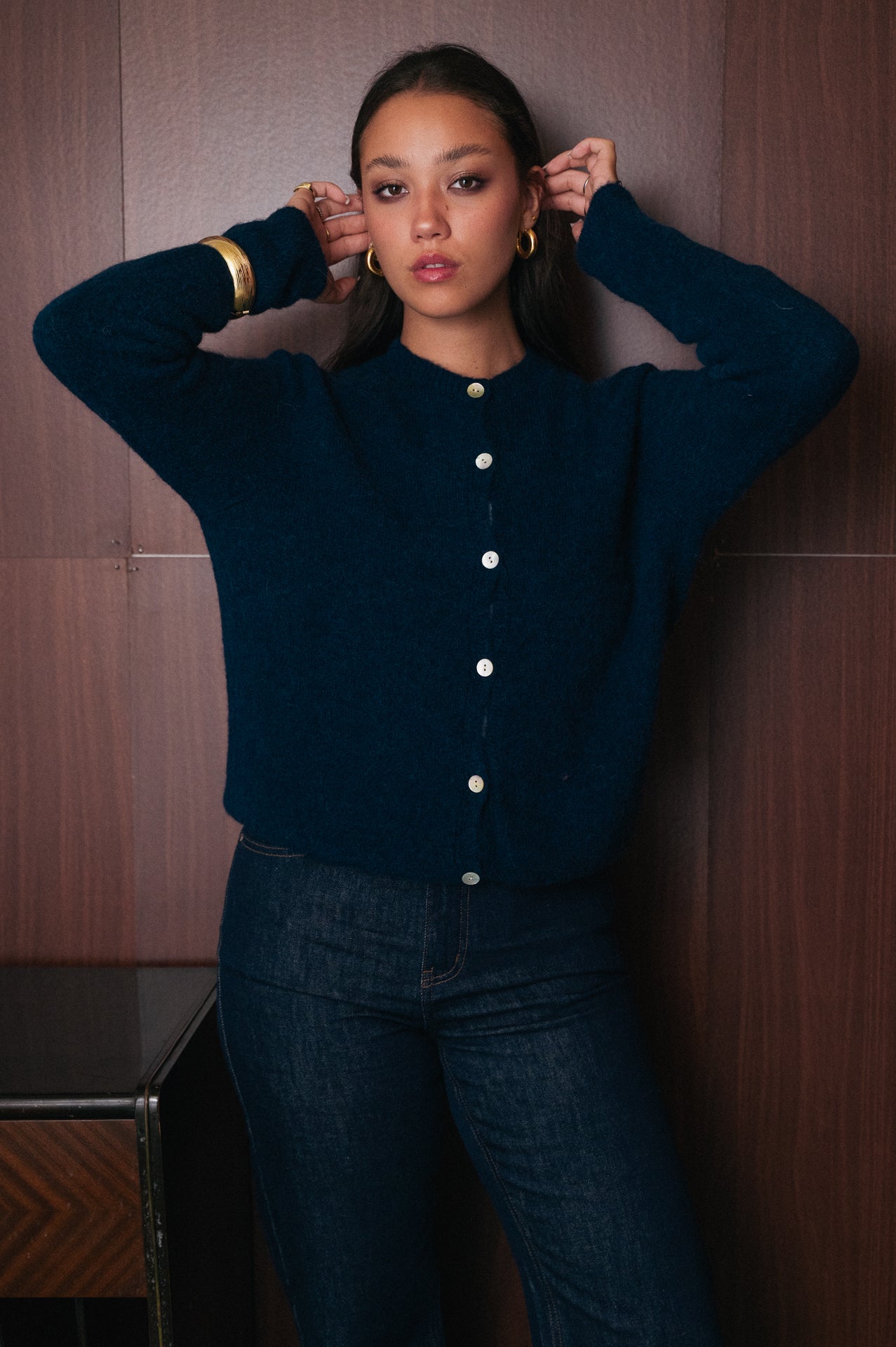 Cardigan blu donna Amelìe misto alpaca e lana | made in Italy