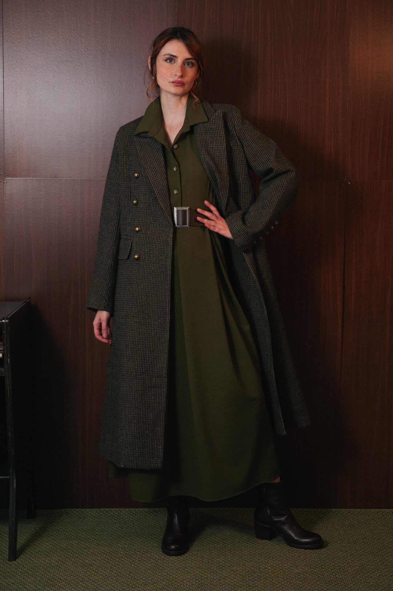 Cappotto Lungo Donna Fantasia Harris tweed color oliva