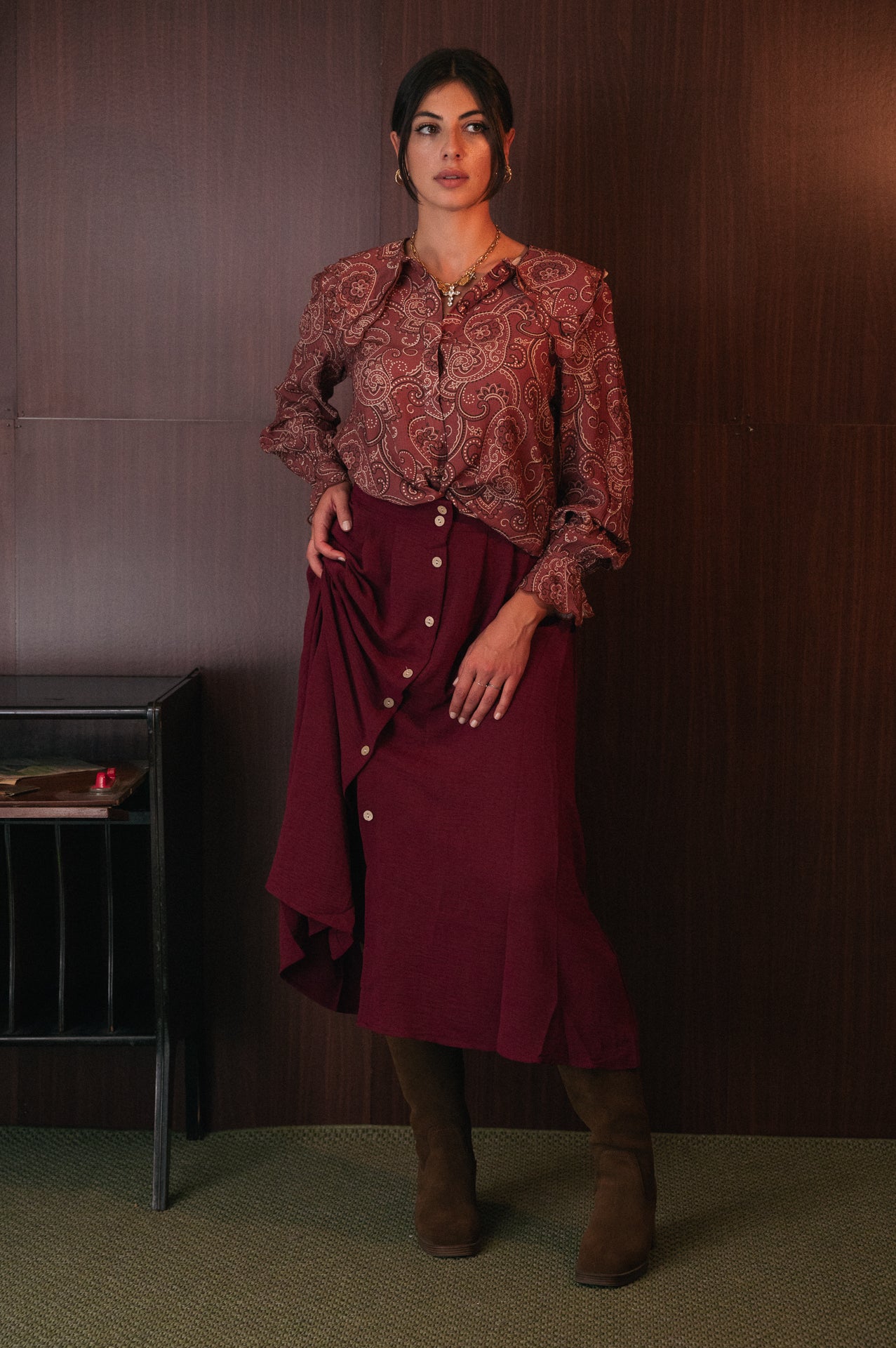 Gonna Midi Bordeaux con Bottoni verticali