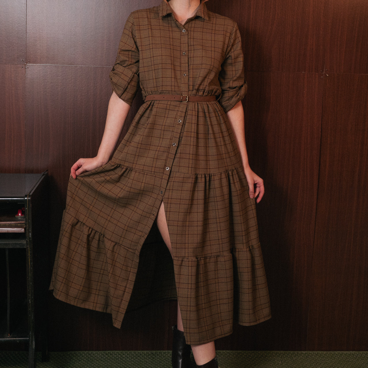 Abito Chemisier Lungo Tartan Donna | Collo a Camicia con Cintura | Stile Scozzese