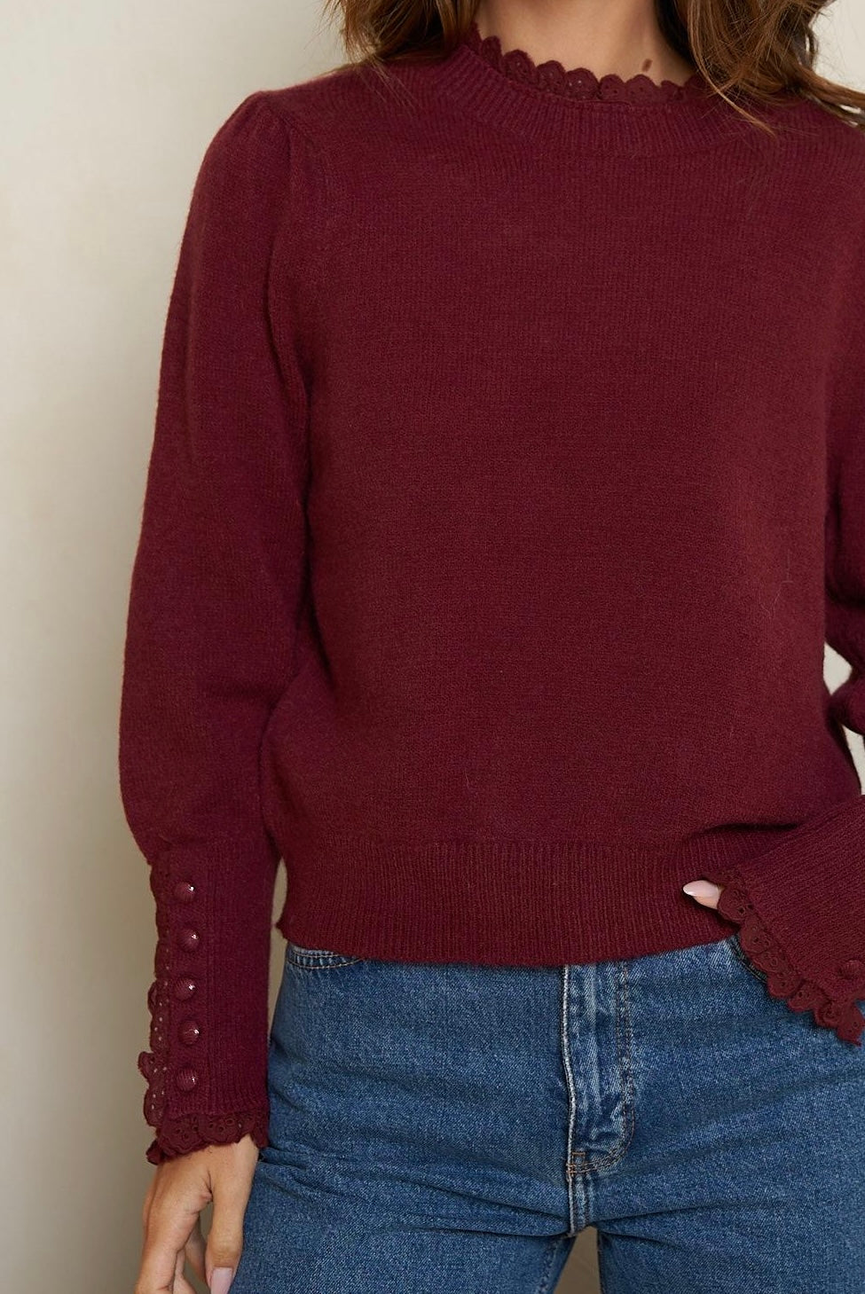 Maglia Donna bordeaux Modello Camille | Collo e Polsi in Pizzo | Misto Lana Morbido