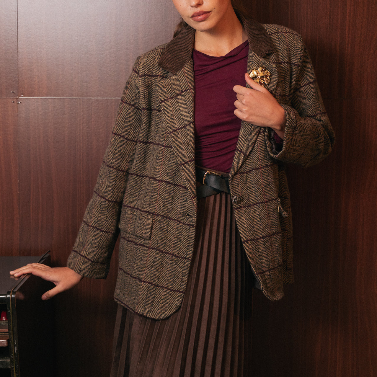 Blazer in Tweed a Quadri con Collo in Velluto