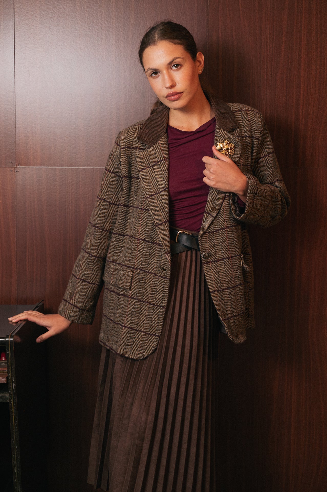 Blazer in Tweed a Quadri con Collo in Velluto