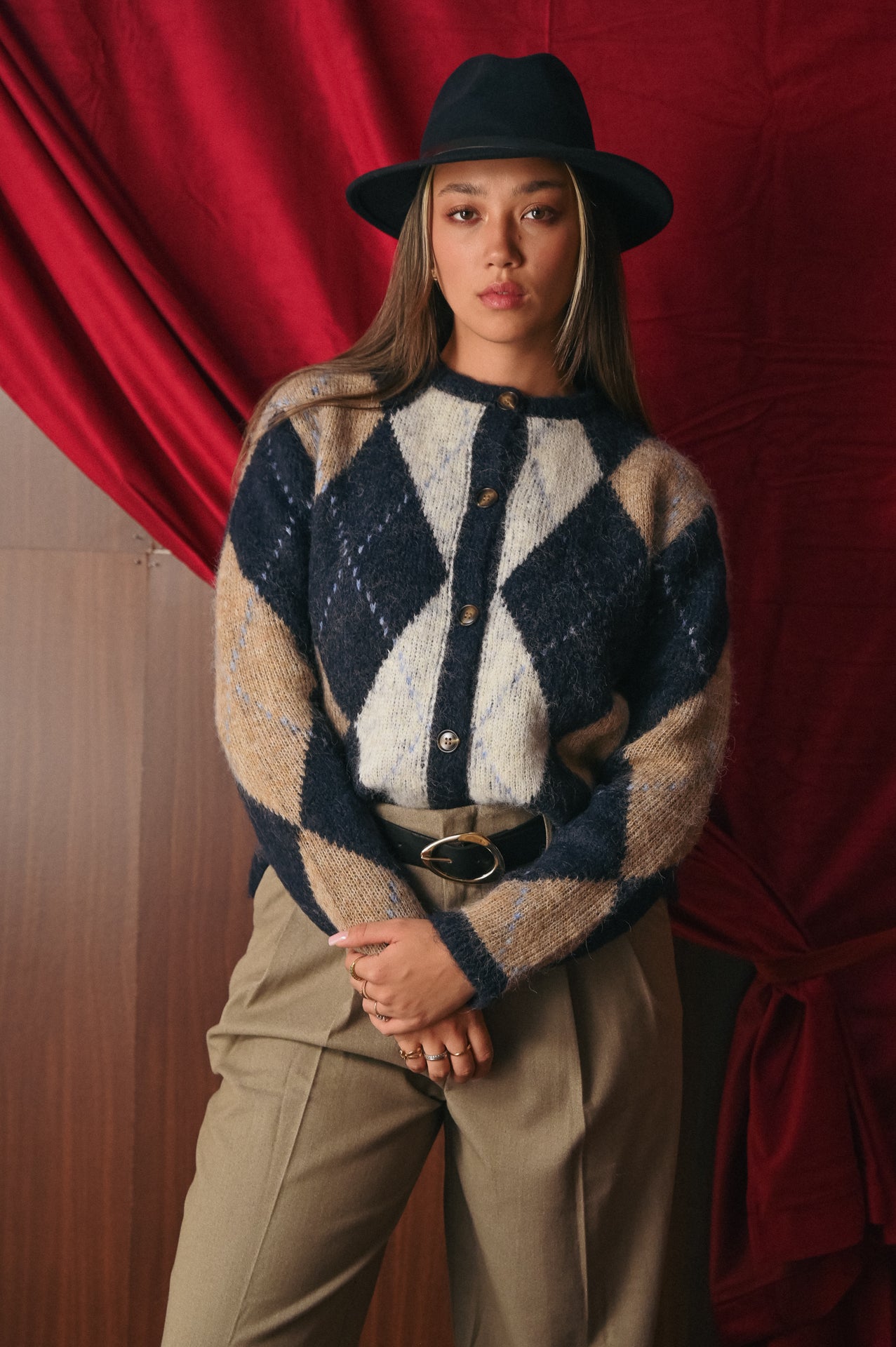 Cardigan Donna Argyle Lana Blend | Giacchino a Rombo Blu/Marrone | Stile Preppy Vintage