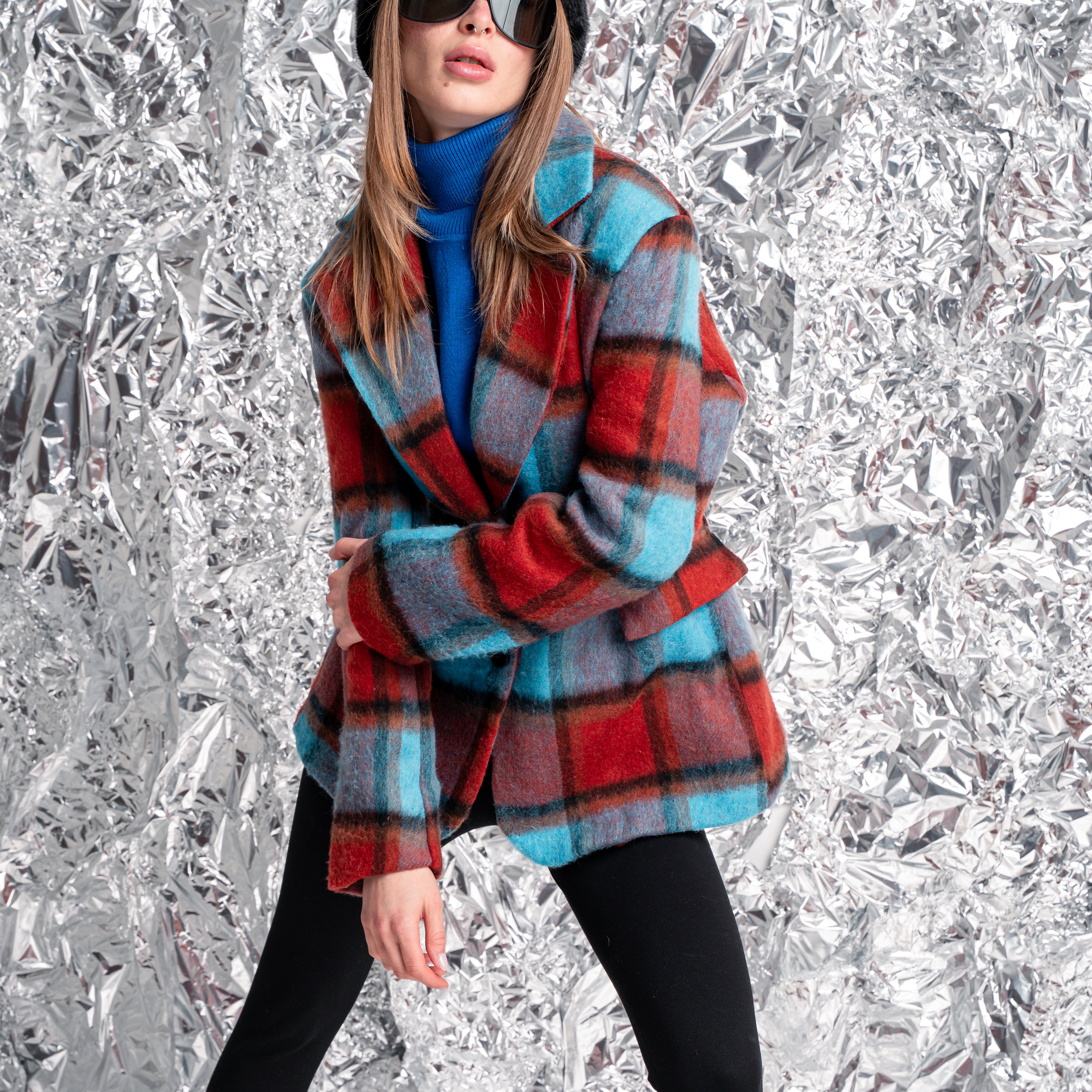 Cappotto corto a quadri multicolor con cintura