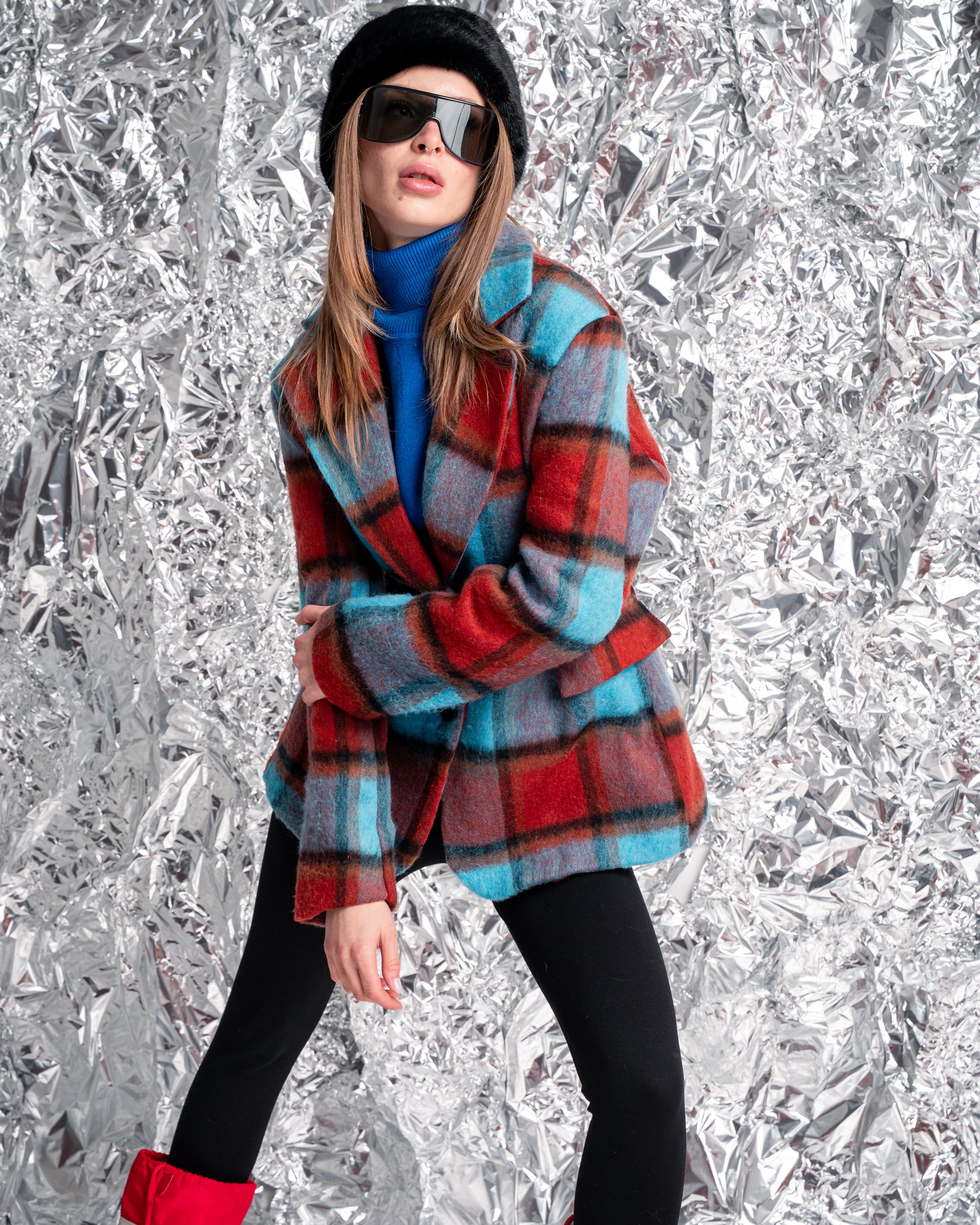 Cappotto corto a quadri multicolor con cintura