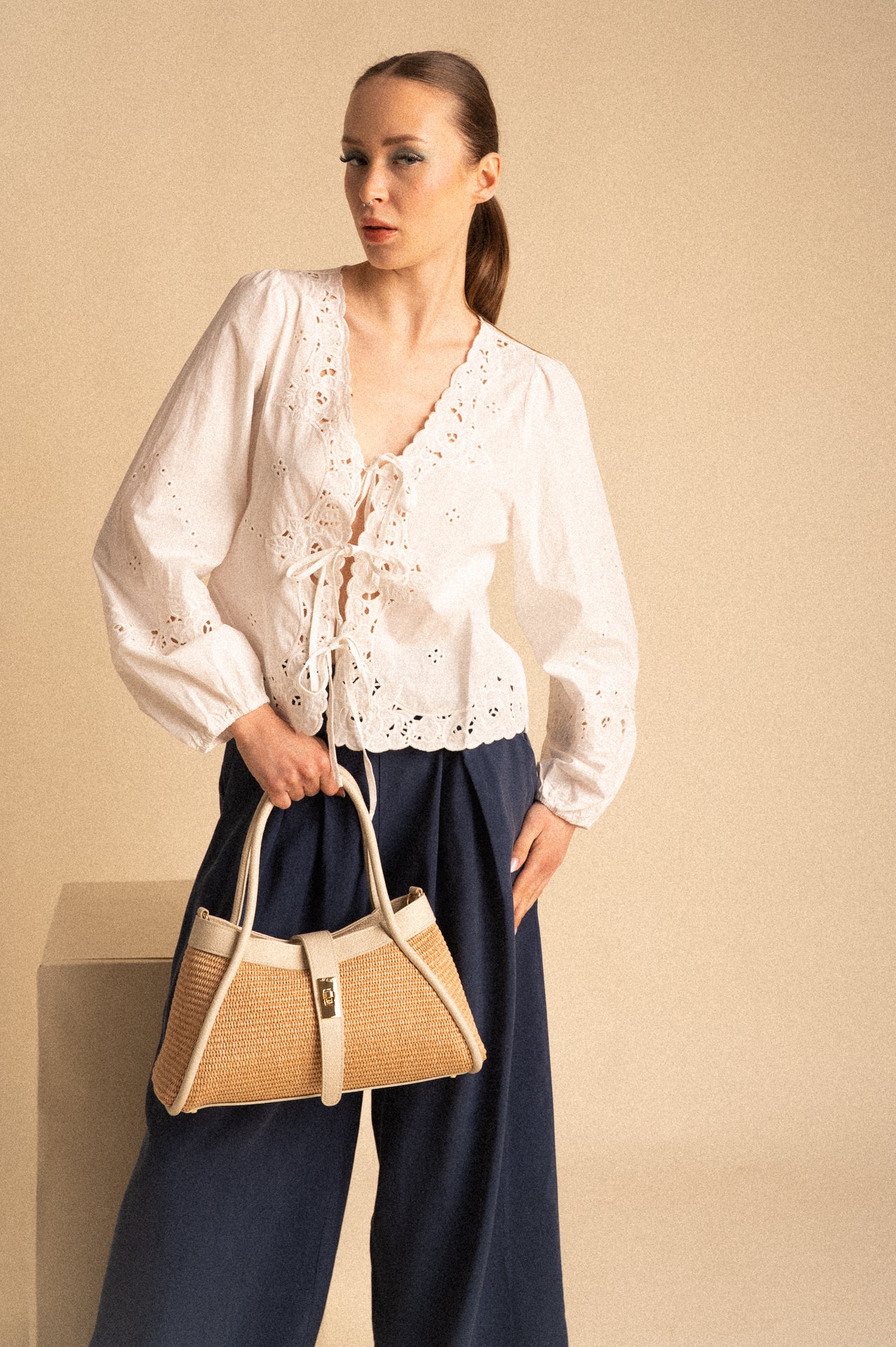 Borsa Mercer grande in pelle e rafia naturale