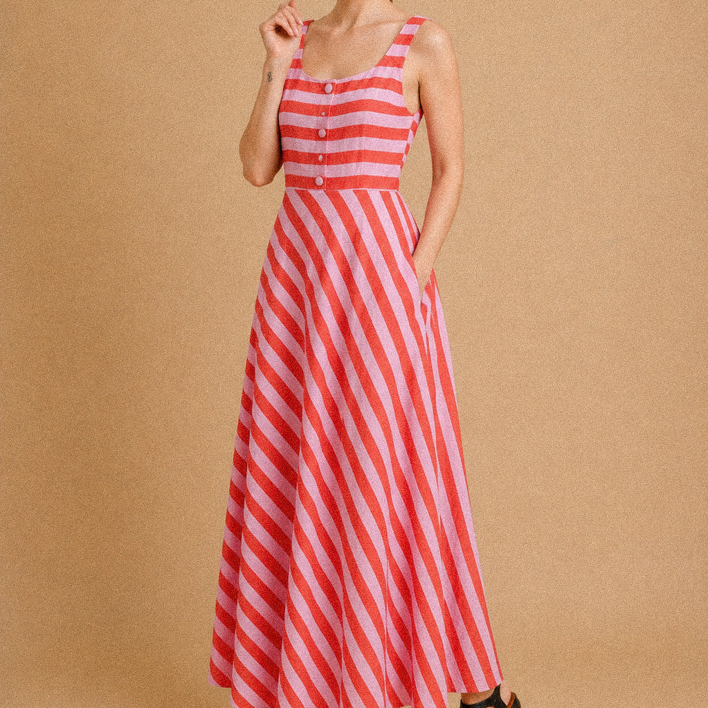 Abito Lungo Donna a Righe Rosa e Corallo – Vestito Estivo con Bottoni e Tasche