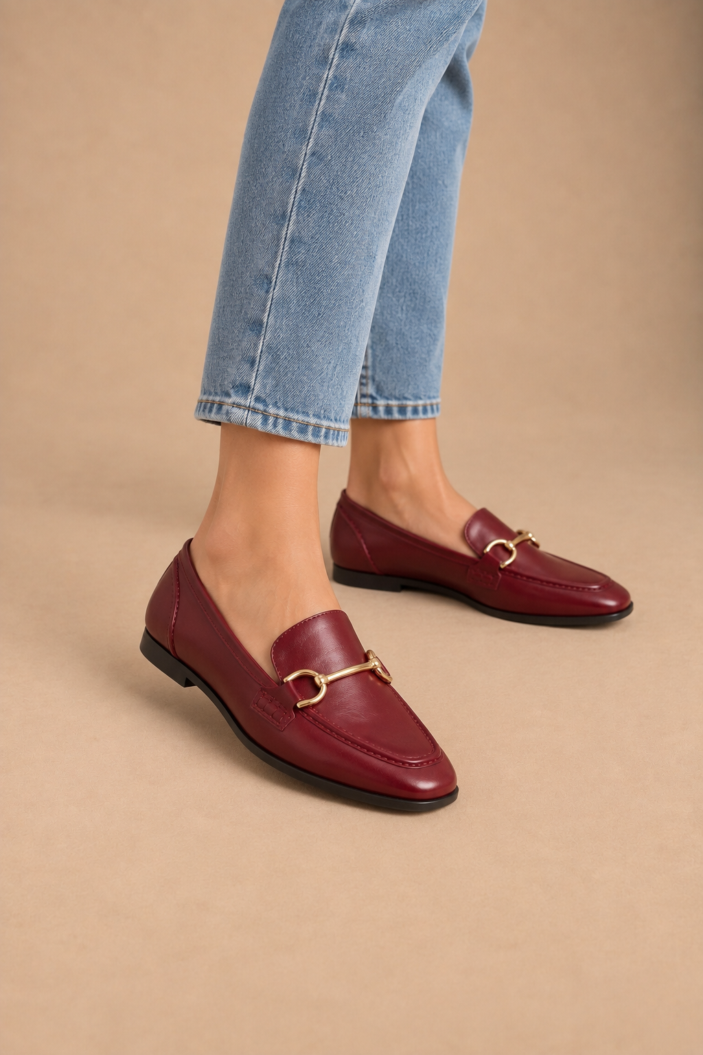 Mocassino Donna Bordeaux Effetto Pelle con Morsetto Horsebit Dorato