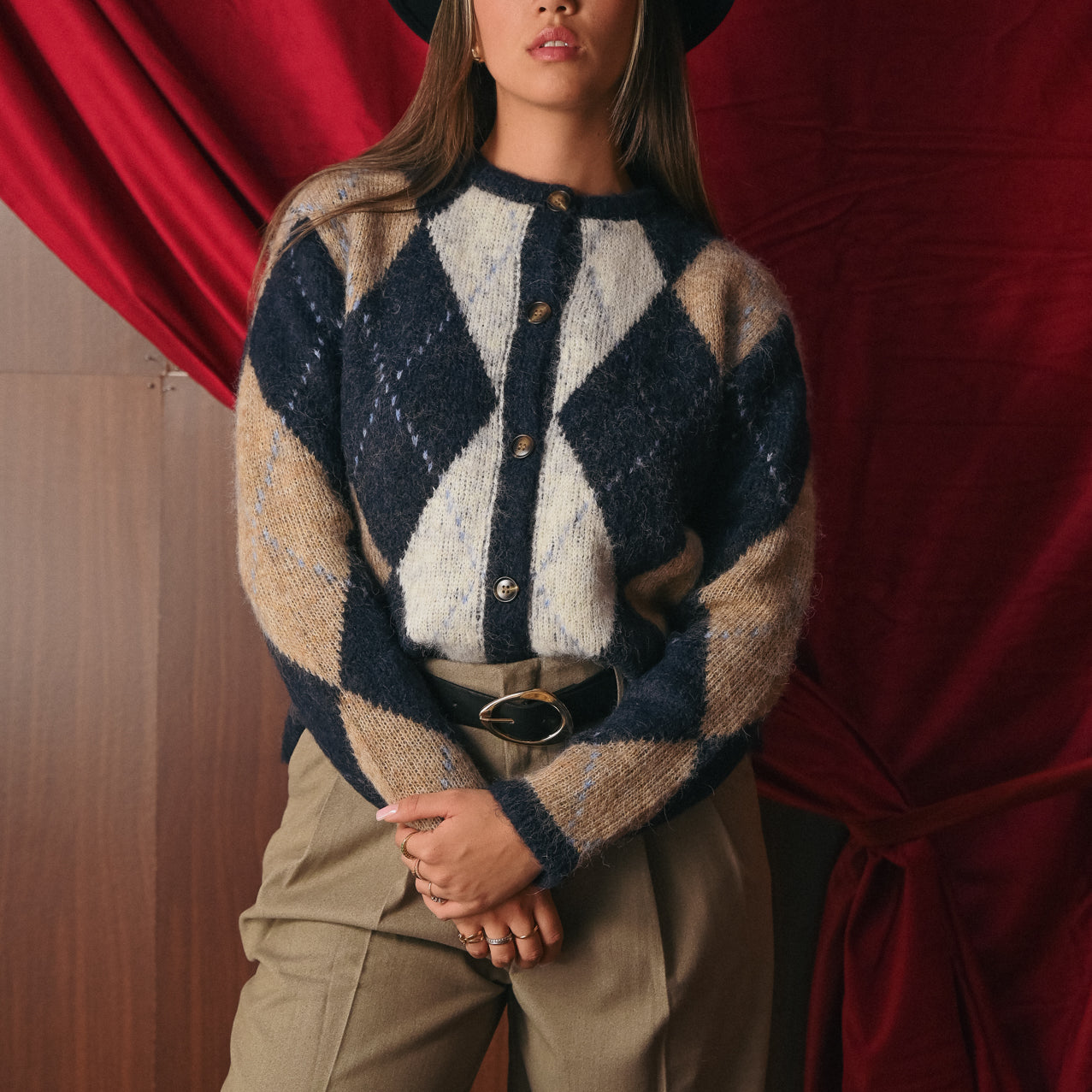 Cardigan Donna Argyle Lana Blend | Giacchino a Rombo Blu/Marrone | Stile Preppy Vintage