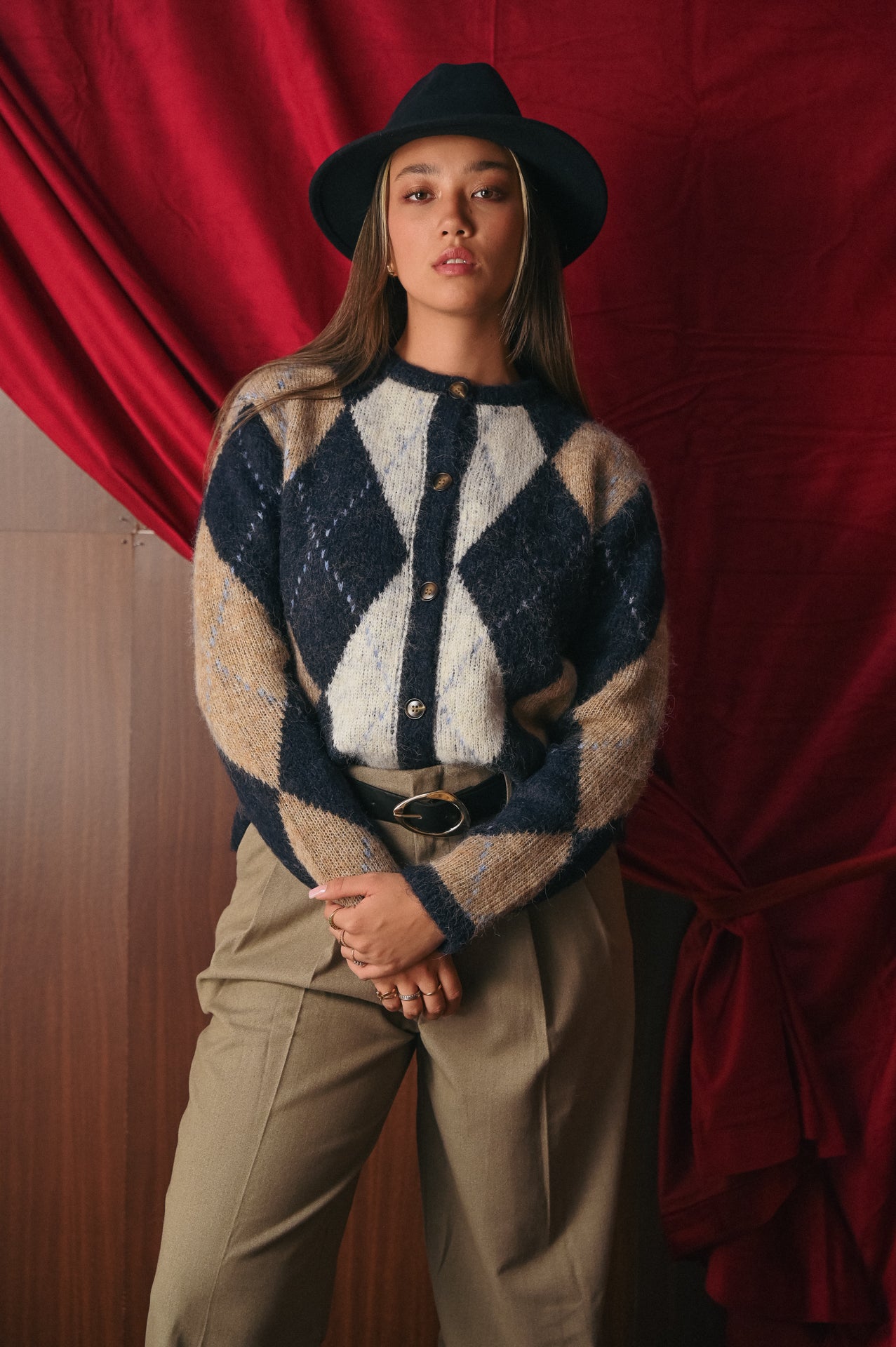 Cardigan Donna Argyle Lana Blend | Giacchino a Rombo Blu/Marrone | Stile Preppy Vintage